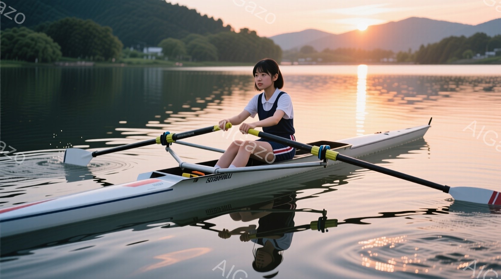 ボートに乗った少女が写っている。彼女は白いシャツに紺色のスカートを着用し、短髪を後ろでまとめており、集中した表情で漕ぎ手を使ってボートを操縦している。背景には緑豊かな山々と穏やかな水面が広がり、夕焼け - AI生成フリー素材