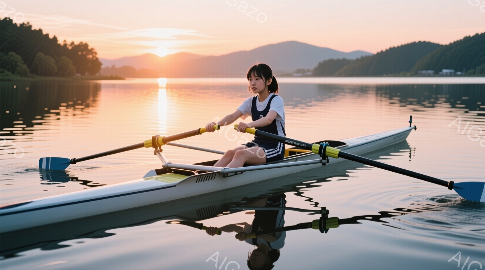少女がボートに乗って水面を漕いでいる様子が写っている。彼女は白の半袖シャツと黒のショートパンツ姿で、髪は後ろでポニーテールにまとめられている。背景には山々が連なり、太陽が昇る時間帯で、水面に太陽の光が反射し、穏やかな雰囲気を醸し出している。
