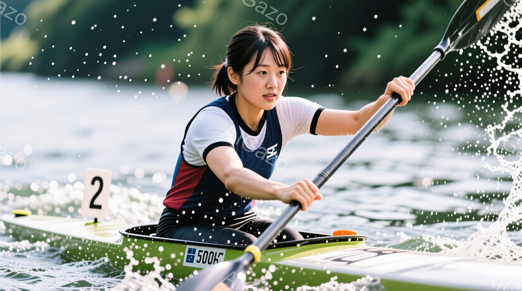 緑色のカヤックに乗った女性が、力強く漕いでいる様子が写っている。彼女は黒い短髪で、赤い縁取りのある白いシャツと黒いショーツを着用し、集中した表情で前を見据えている。背景には水しぶきが飛び散り、水面がキラキラと輝いており、活気に満ちた夏の日の競技風景が伝わってくる。