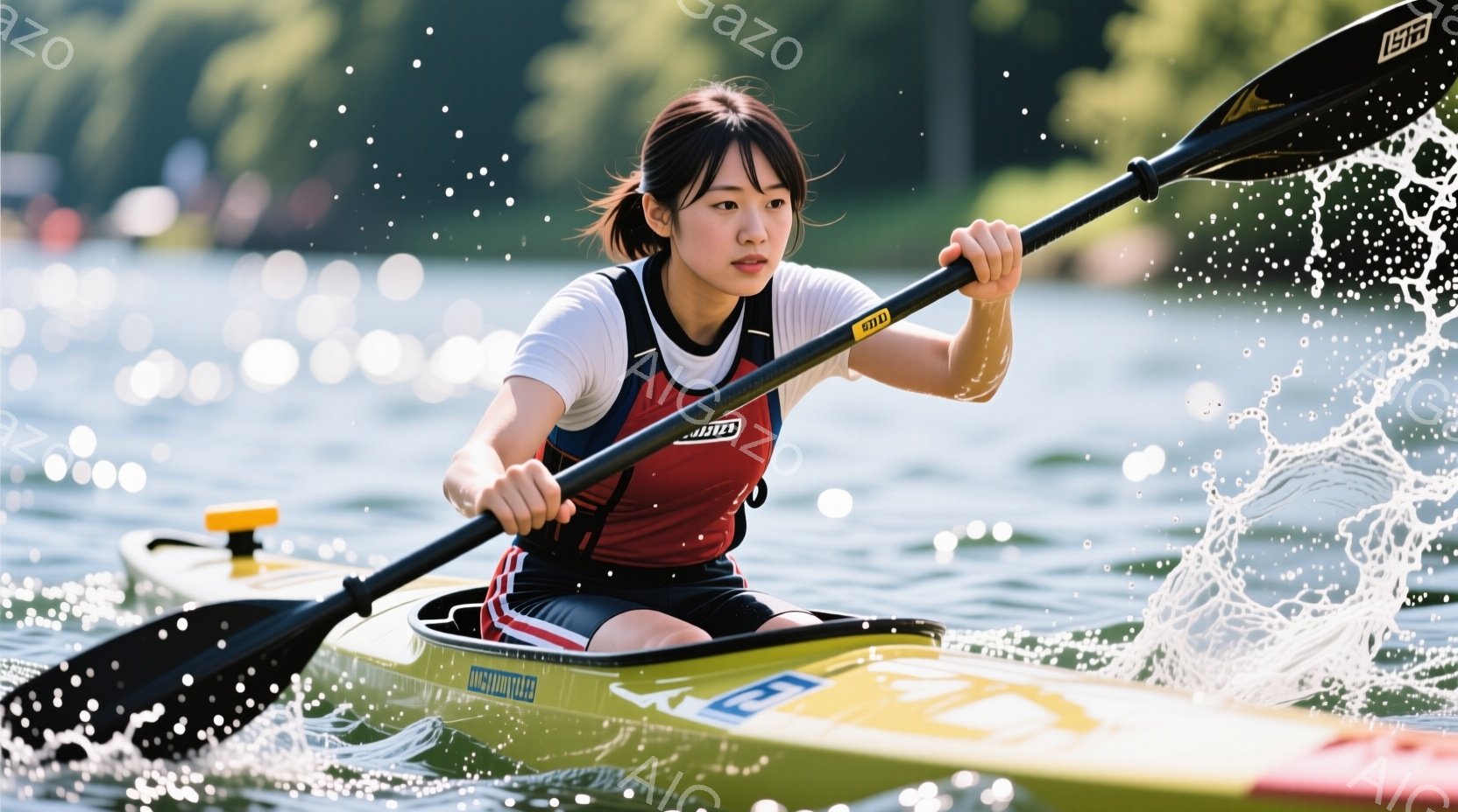 カヌーに乗った女性は、赤いライフジャケットと白いタンクトップを着ており、髪は後ろでポニーテールに結ばれています。彼女は真剣な表情でオールを漕ぎ、カヌーは水面を切り裂いて進んでいます。背景には穏やかな水面と緑豊かな自然が広がり、晴れた日の穏やかな雰囲気を醸し出しています。