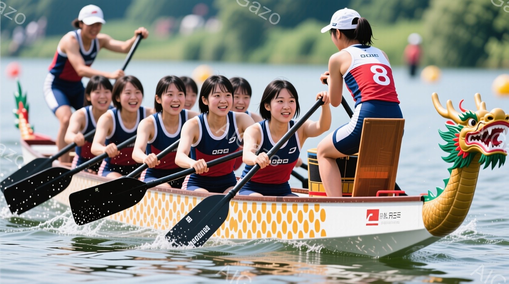 龍の頭飾りのある白いボートに、赤いユニフォームを着た女性たちが座り、力を合わせて漕いでいる。彼女たちは皆、ポニーテールで髪を結い、笑顔で前を見据え、活気に満ちた様子が伺える。背景には緑豊かな自然が広がり、穏やかな天候のもと、水面には波紋が広がっている。