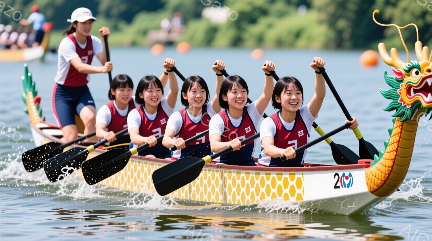 4人の若い女性が、カラフルな模様のドラゴンボートに乗って漕いでいる様子が写っている。彼女たちは皆、白いTシャツに赤いライン、濃い青のショートパンツ姿で、髪を後ろで束ねている。笑顔で力強く漕ぎ進む姿と、水しぶき、そして背景の緑豊かな自然が、活気あふれる夏の競技の雰囲気を伝えている。