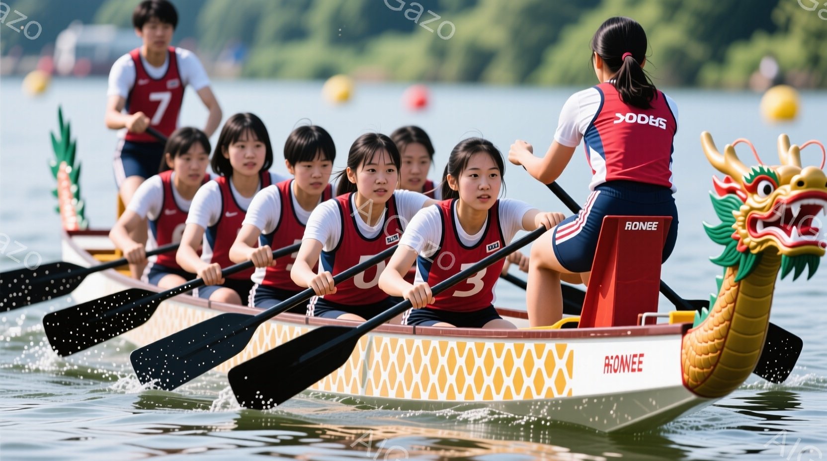 複数の若い女性が、龍の頭部が飾られた細長いカヌーで漕いでいる様子が写っている。彼女たちは赤いタンクトップと黒いショーツ姿で、髪は後ろで一つにまとめられている。背景には緑豊かな木々が見え、水面にはカヌーが進むにつれて波紋が広がっており、晴れた日の活気ある競技の雰囲気が伝わってくる。