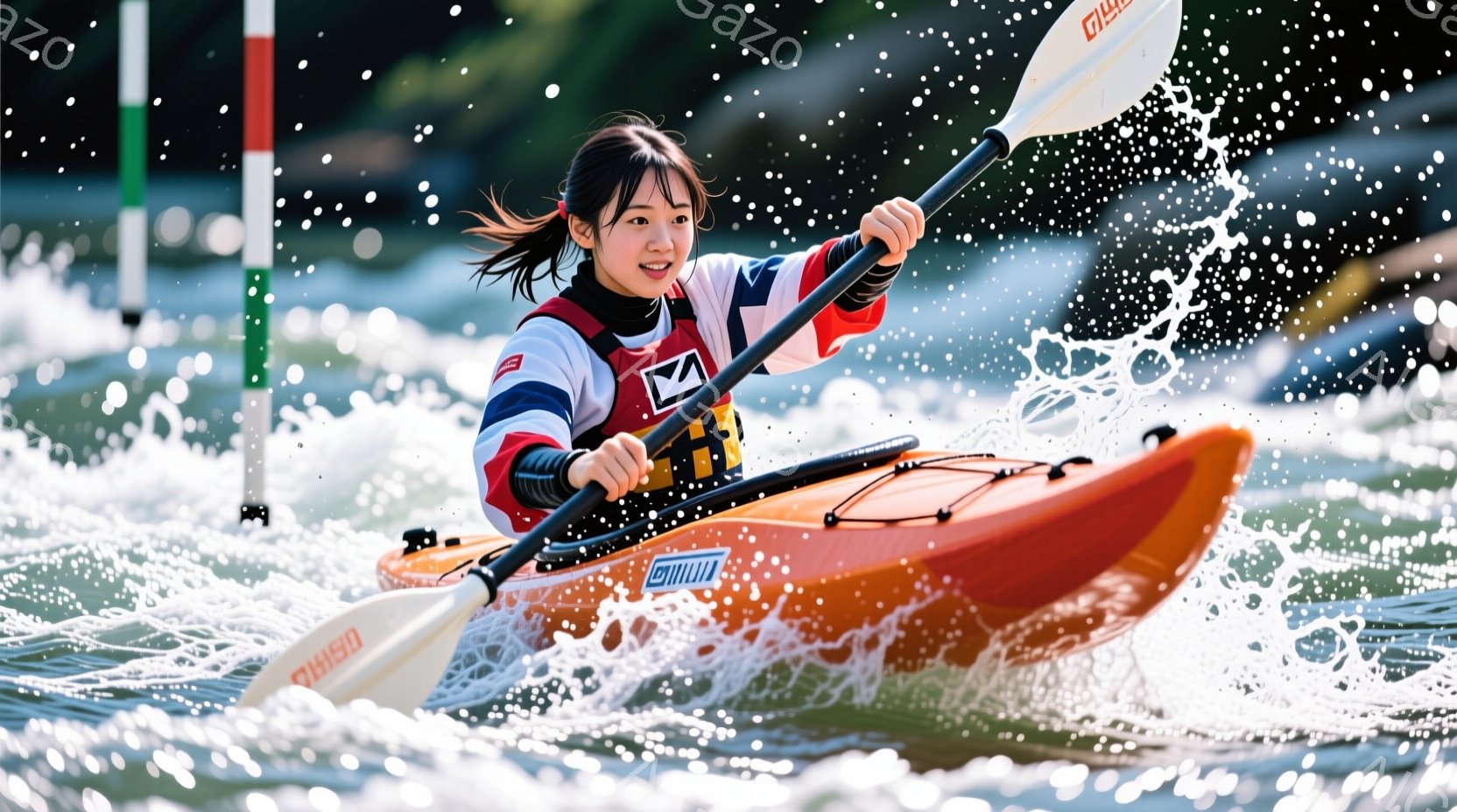 オレンジ色のカヤックに乗った女性は、水しぶきを上げながら力強く漕いでいる。彼女は黒い髪をポニーテールにし、集中した表情で前を見据えている。背景には、緑豊かな自然と青空が広がり、スポーツイベントの一コマを捉えた躍動感のある写真となっている。