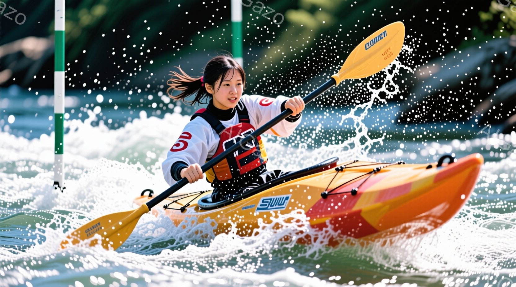 カヌースラロームの競技者が水面を疾走している様子が捉えられている。黒い髪をポニーテールにし、黒と白のウェットスーツ姿で、集中した表情で漕ぎを進めている。背景には水しぶきと緑、そして競技用のポールが見え、活気ある競技の雰囲気が伝わってくる。