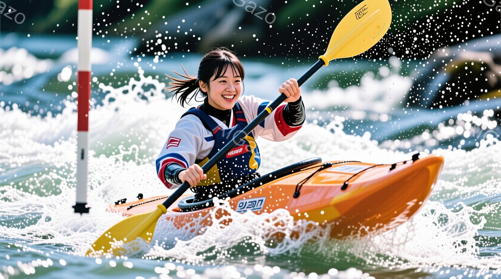 カヤックに乗った若い女性が写っています。彼女は明るい笑顔を見せ、髪をポニーテールにして、青と白のライフジャケットとオレンジ色のカヤックを着ています。背景には水しぶきと緑の植物が見え、水面をカヤックが進む様子から、活気と爽快感のある雰囲気が伝わってきます。