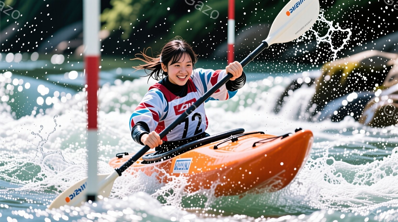 カヌーに乗った若い女性アスリートが写っている。彼女は、赤、白、青のストライプの長袖シャツと黒いショーツを着ており、髪はポニーテールにしている。カヌーはオレンジ色で、「72」という数字が書かれており、彼女は勢いよく漕ぎ、水しぶきを上げながら笑顔で前を見ている。