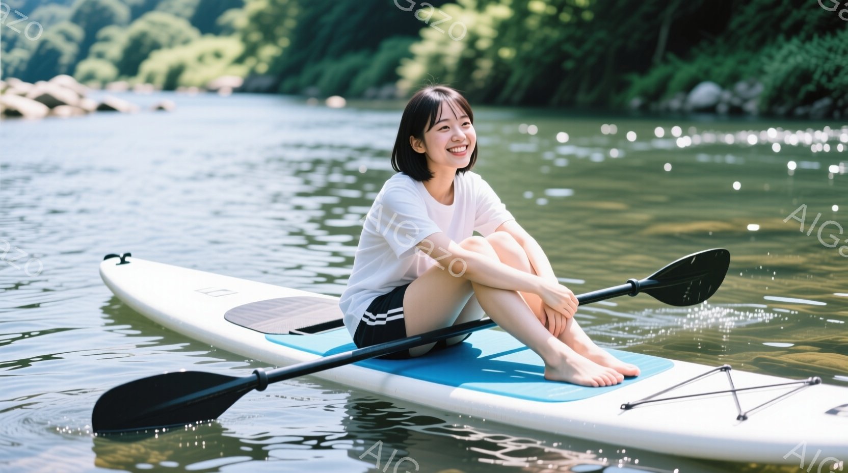 若い女性が、水面を滑るSUPボードの上に座って微笑んでいます。白いTシャツと黒いストライプのショートパンツを身に着け、素足でボードに座り、片足を曲げてリラックスした姿勢を見せています。背景は緑豊かな木々で覆われた岸辺で、水面は穏やかで、天候は晴れで、全体的に穏やかで平和な雰囲気です。