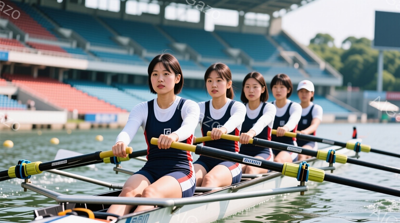 紺色のタンクトップと青いショートパンツを着用した女性たちが、ボートの上でオールを漕いでいる。彼女たちは皆、ポニーテールで髪を結い、集中した表情で前を見据えている。背景には観客席と緑豊かな風景が見え、晴れた空の下、競技に臨む真剣な様子が伝わってくる。