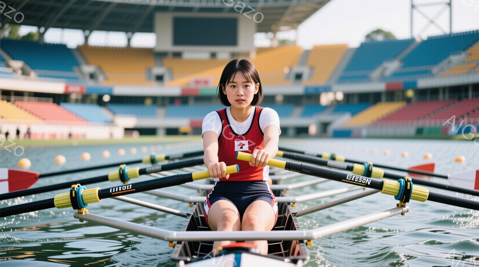 ボート競技に励む女性が写っている。赤と白のボートスーツに身を包み、黒髪を後ろで一つに結んでいる。背景には観客席と青空が広がり、水面は太陽の光を反射して輝いている。
