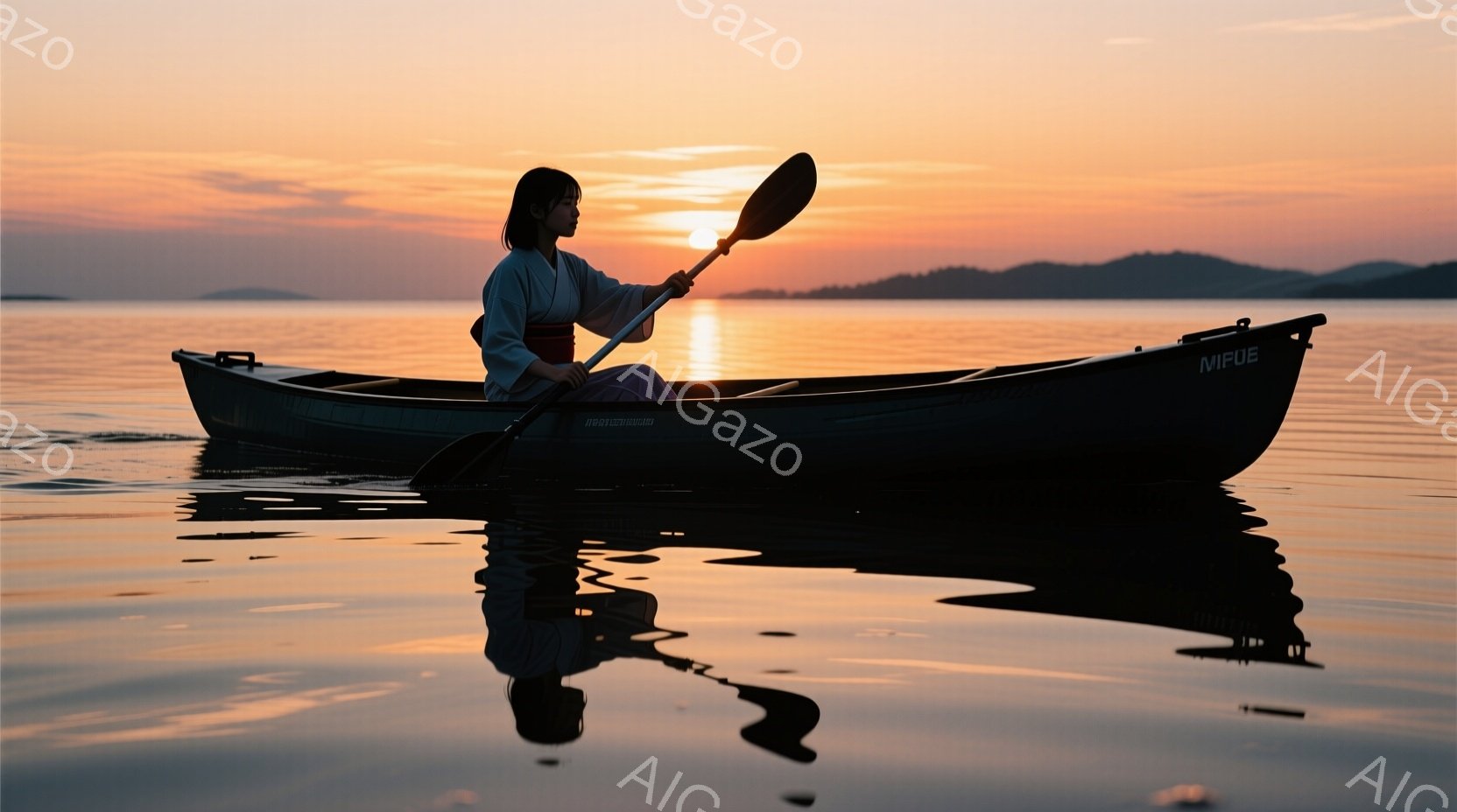 夕焼けを背景に、女性がボートを漕いでいる様子が描かれている。彼女は黒い髪を後ろでまとめ、赤い帯がアクセントの着物を着ている。穏やかな水面にはボートの影が映り込み、夕焼けのオレンジとピンクの色が水面を染 - AI生成フリー素材
