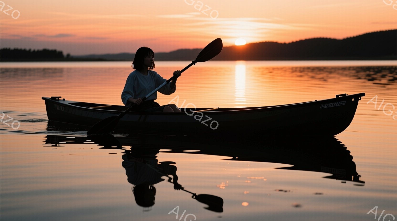 カヌーに乗った女性が夕焼けの中を漕いでいる。彼女は白いシャツを着ており、髪は後ろで一つにまとめられている。背景には穏やかな湖と遠くの山々が広がり、水面にカヌーと女性の鮮明な反射が見られる、静かで平和な - AI生成フリー素材