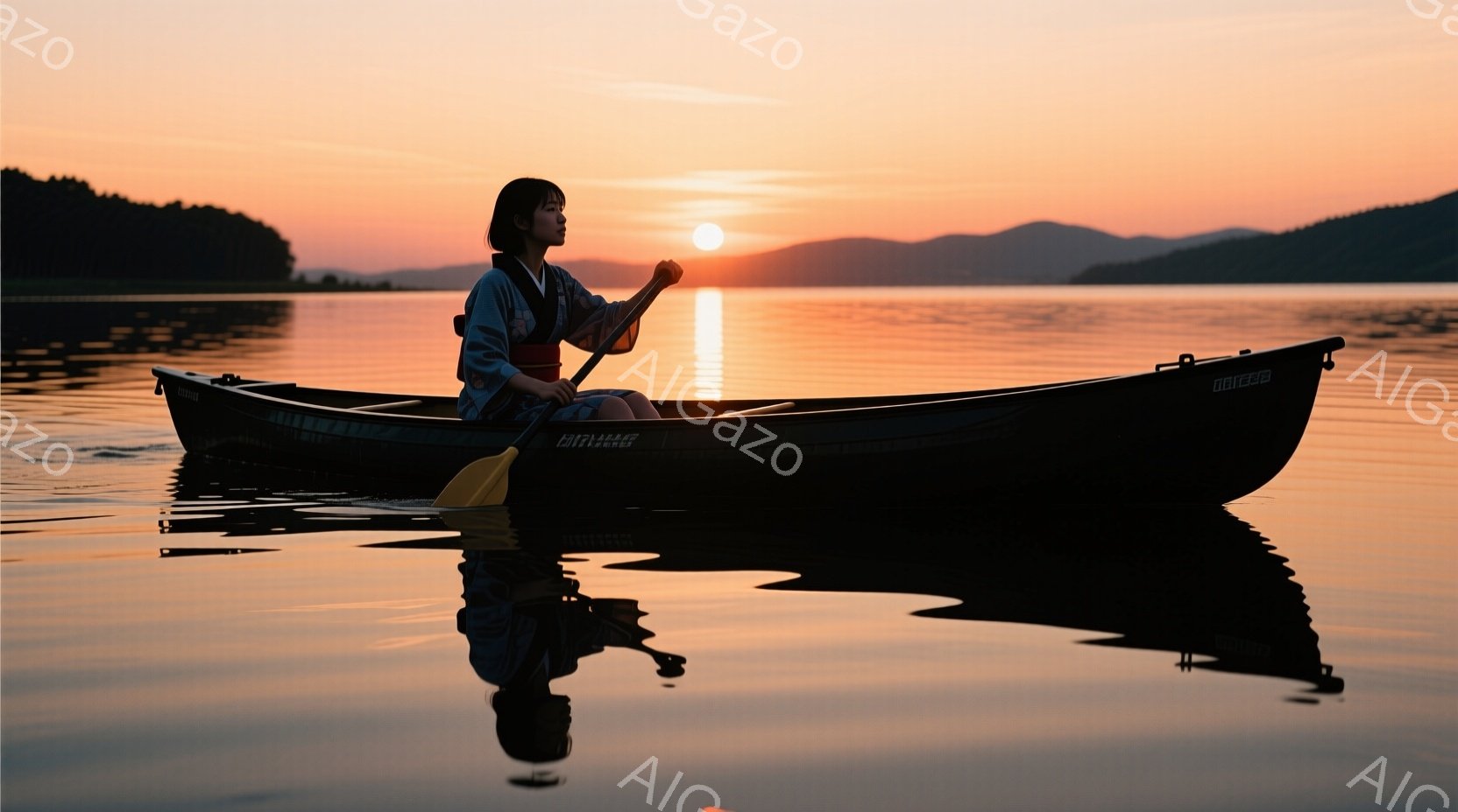 一隻のボートに女性が座り、穏やかな水面を漕いでいる。彼女は濃い色の着物のような服を着ており、後ろで髪を結んでいる。背景には夕焼けに照らされた山々が広がり、水面にボートの影が映り込み、静かで平和な雰囲気 - AI生成フリー素材