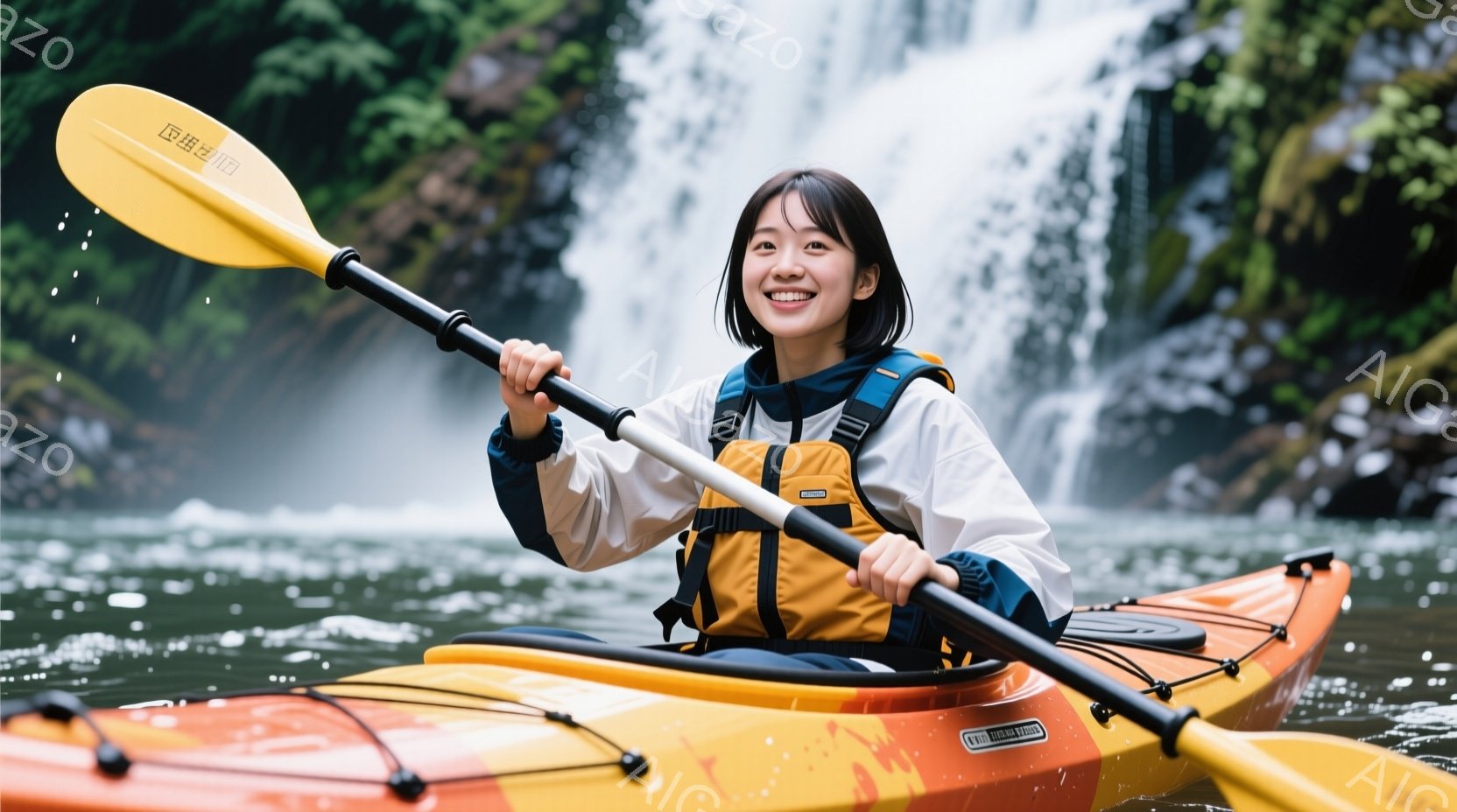 カヤックに乗った女性が写っている。彼女は白いシャツとオレンジ色のライフジャケットを着ており、笑顔で漕ぎ手を持っている。背景には滝が見え、緑豊かな自然に囲まれており、爽やかで活気のある雰囲気が漂っている。