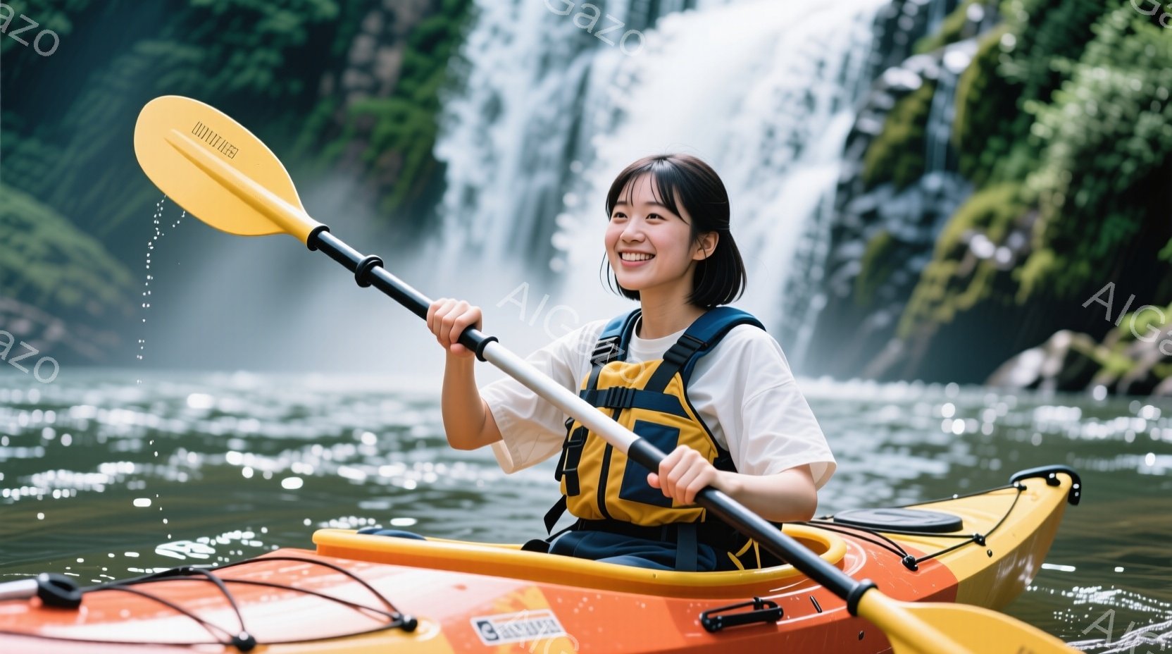 カヤックに乗った若い女性が写っている。彼女は白いTシャツとオレンジ色のライフジャケットを着用し、短い黒髪で、顔には明るい笑顔が浮かんでいる。背景には滝があり、緑豊かな自然に囲まれており、水面には光が反射している。