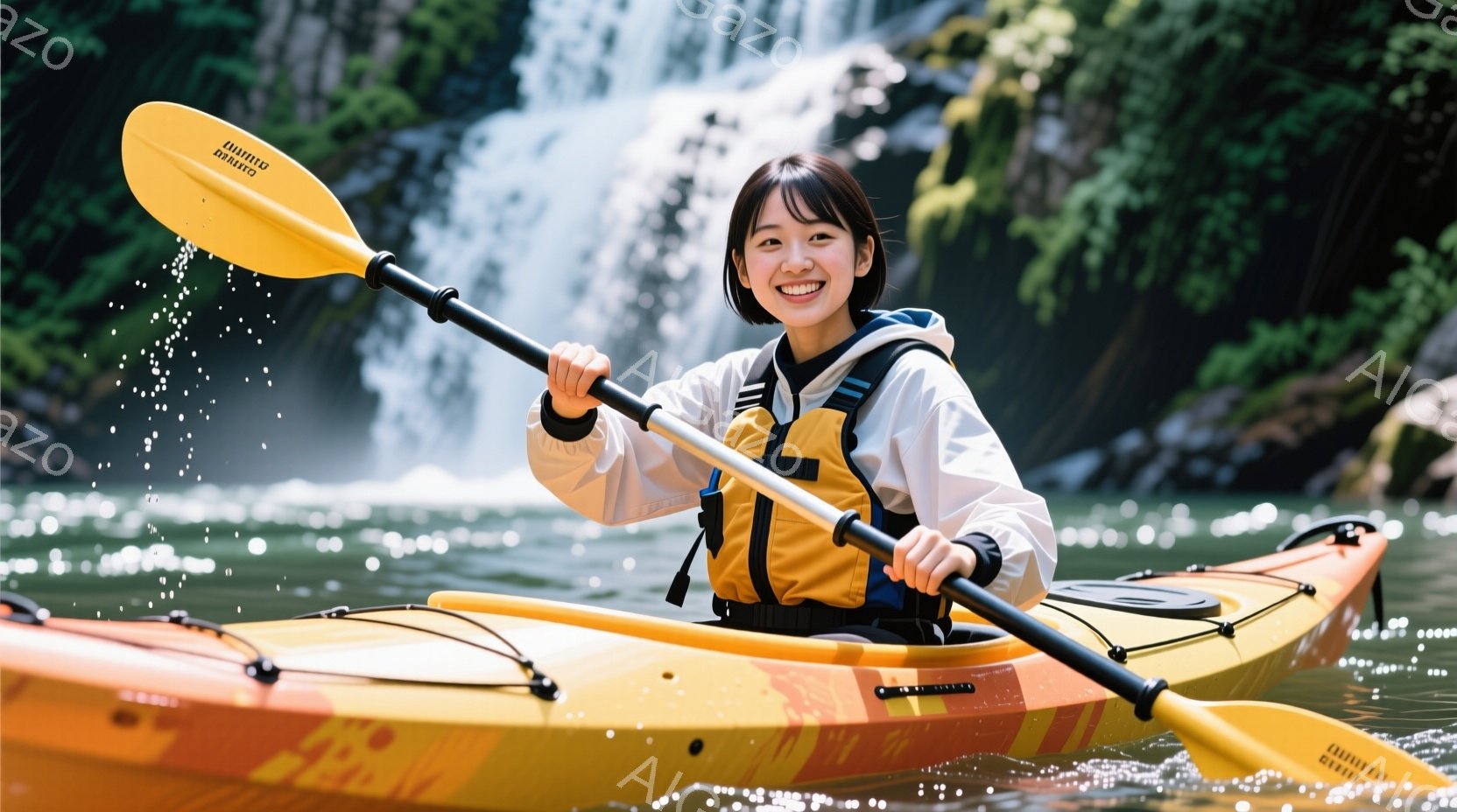 女性は鮮やかなオレンジ色のカヤックに乗って川下りをしている。彼女は青い髪をポニーテールにし、黄色のライフジャケットと黒い上着を着て笑顔を見せている。背景には緑豊かな木々が見え、水しぶきが飛び交う様子から、爽やかで活気のある雰囲気が伝わってくる。