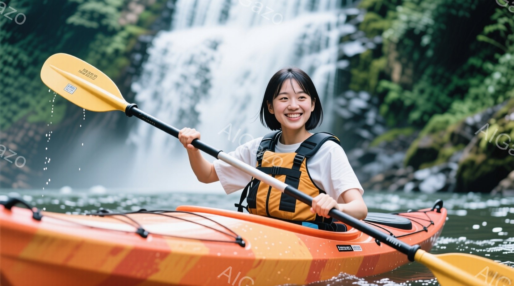 オレンジ色のカヤックに乗った若い女性が写っている。彼女は白いTシャツとオレンジ色のライフジャケットを着て、両手にパドルを持ち、楽しそうに漕いでいる。背景には緑豊かな森林と滝が見え、水面は穏やかで、晴れた日の自然の中でリラックスした雰囲気が漂っている。
