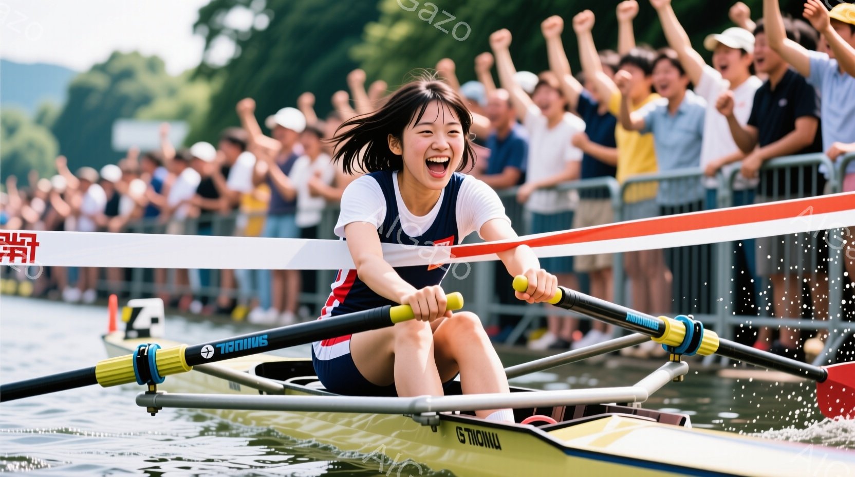 女性はボートに乗って漕いでおり、勝利の喜びに満ちた表情をしています。彼女は赤いトリムの白いシャツと紺色のショーツを着ており、髪は後ろで束ねられていますが、いくつかの髪の毛が顔にかかっています。背景には - AI生成フリー素材