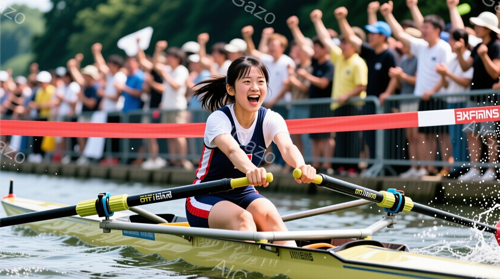 ボートに乗った若い女性は、勝利に向かって漕いでおり、満面の笑みを浮かべている。彼女は青と赤のレーシングスーツを着ており、髪はポニーテールに結ばれている。背景には、観客席と緑豊かな木々が見え、水面にはボートが進むにつれて水しぶきが上がっている様子が描かれており、活気に満ちた競技の雰囲気が伝わってくる。