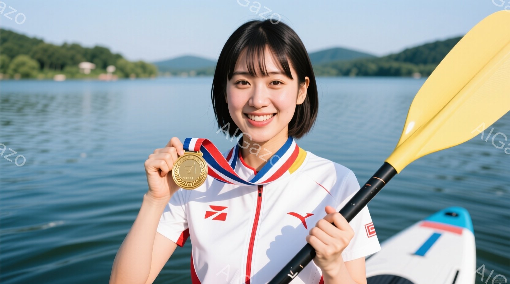 白いカヌー競技のユニフォームを着た若い女性が、金色のメダルを首にかけて笑顔でこちらを見ている。彼女は黒髪のショートヘアで、片手にカヌーのオールを持っており、背景には穏やかな湖と緑豊かな山々が広がっている。 全体的に晴天で、勝利と達成感に満ちた明るい雰囲気が漂っている。