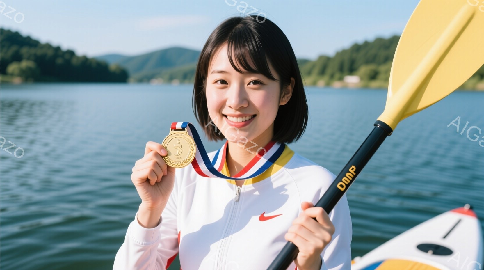 この女性はカヌーのレースで金メダルを獲得したようで、満面の笑顔で金メダルを掲げています。白いジャケットに黒いヘアスタイルで、背景には穏やかな湖と緑豊かな山々が広がっています。カヌーの一部がフレームの端に見え、彼女のスポーツへの情熱と達成感を表現しています。
