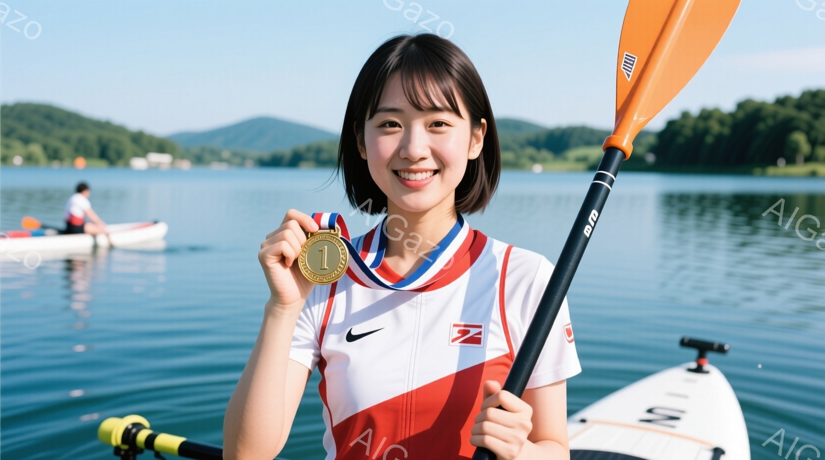 カヌースルーに乗り、金メダルを首から下げた若い女性が写っています。彼女は白いスポーツウェアに赤いストライプが入っており、髪は短く、笑顔で前を見つめています。背景には穏やかな湖と緑豊かな山々が広がり、晴天の下、爽やかな雰囲気が漂っています。