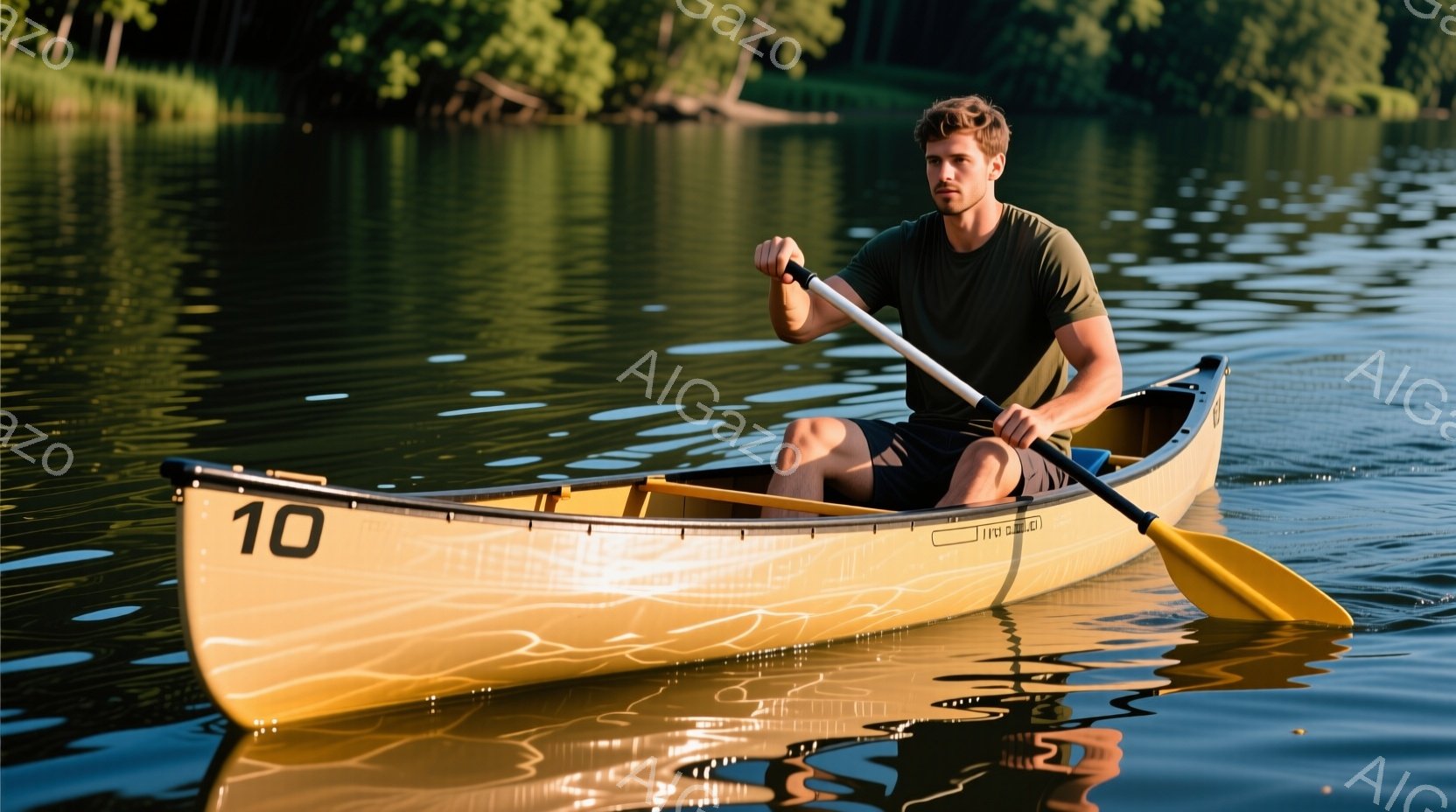 カヌーに乗った男性が、穏やかな湖を漕いでいる様子が写っています。彼は緑色のTシャツと黒いショートパンツを着ており、短く整えられた髪型で、表情はリラックスしています。背景には緑豊かな自然が広がり、水面には太陽光が反射してキラキラと輝き、穏やかで平和な雰囲気が漂っています。