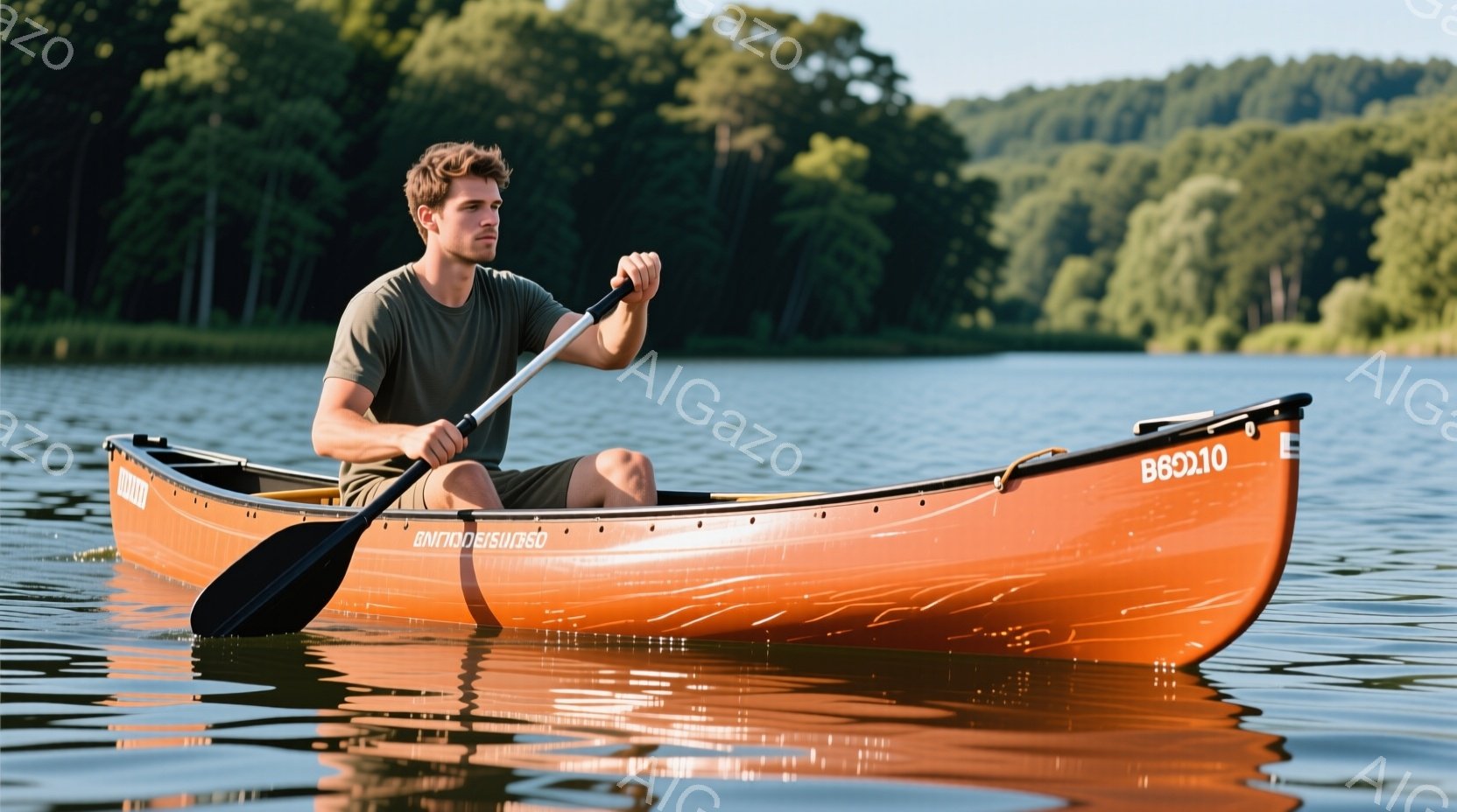 オレンジ色のカヌーに乗った若い男性が、湖上でオールを漕いでいる。彼は緑色のTシャツと短いズボンを着用し、短髪で、リラックスした表情をしている。背景には緑豊かな木々が生い茂り、穏やかな晴天で、水面は穏やかで静かな雰囲気を醸し出している。