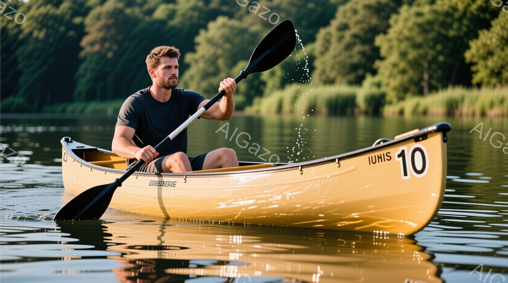 男は黄色いカヌーに座り、黒いTシャツと黒いショーツを着ています。彼は短く整えられた髭と髪を持ち、集中した表情でオールを操っています。背景には緑豊かな木々や水面が広がり、穏やかで晴れた日の自然を楽しむ様子がうかがえます。