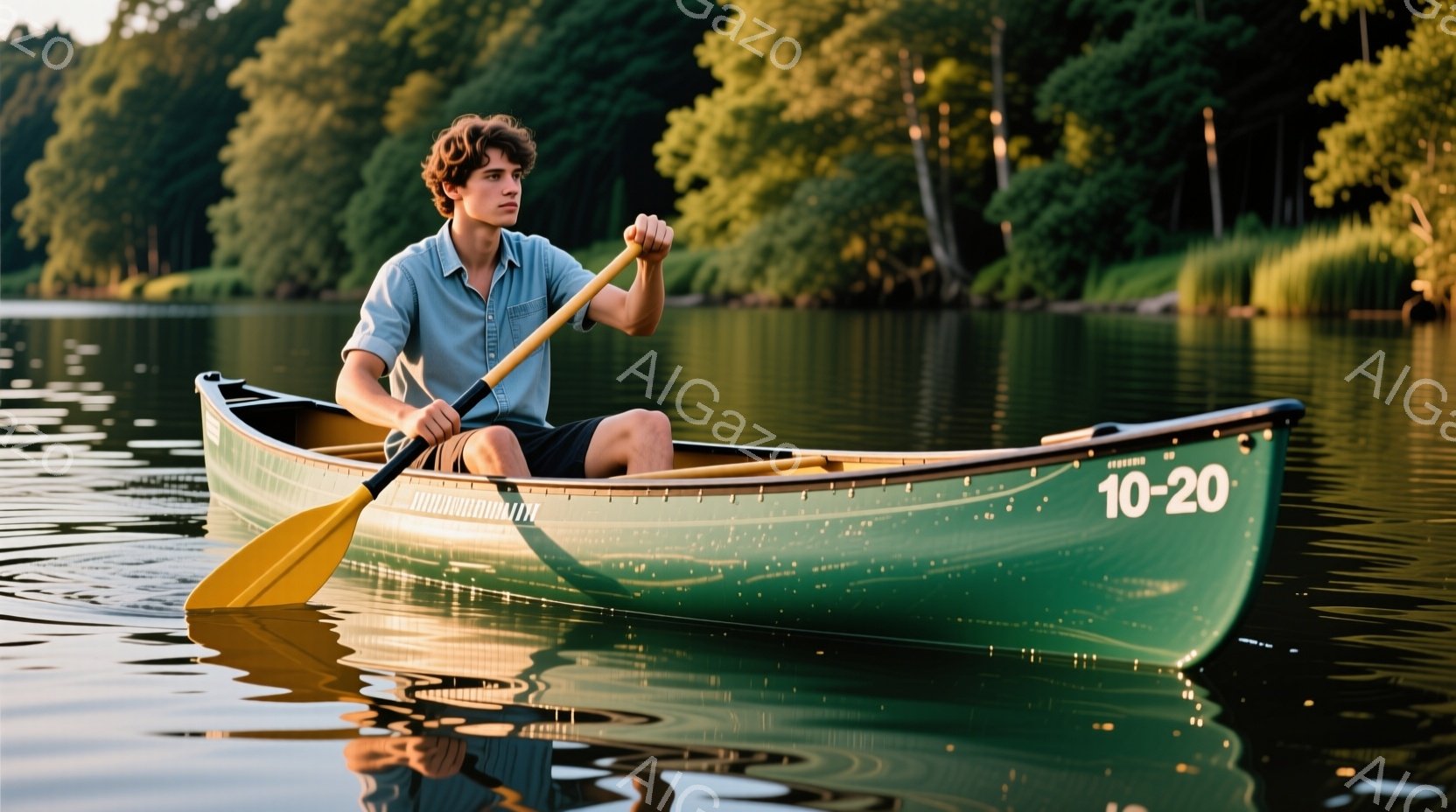 若い男性が緑色のカヌーに乗って水面を漕いでいる。彼は青いシャツと黒い短パンを着ており、髪は少しカールしている。背景には緑豊かな木々が生い茂り、水面に反射して穏やかな雰囲気を醸し出している。 - AI生成フリー素材