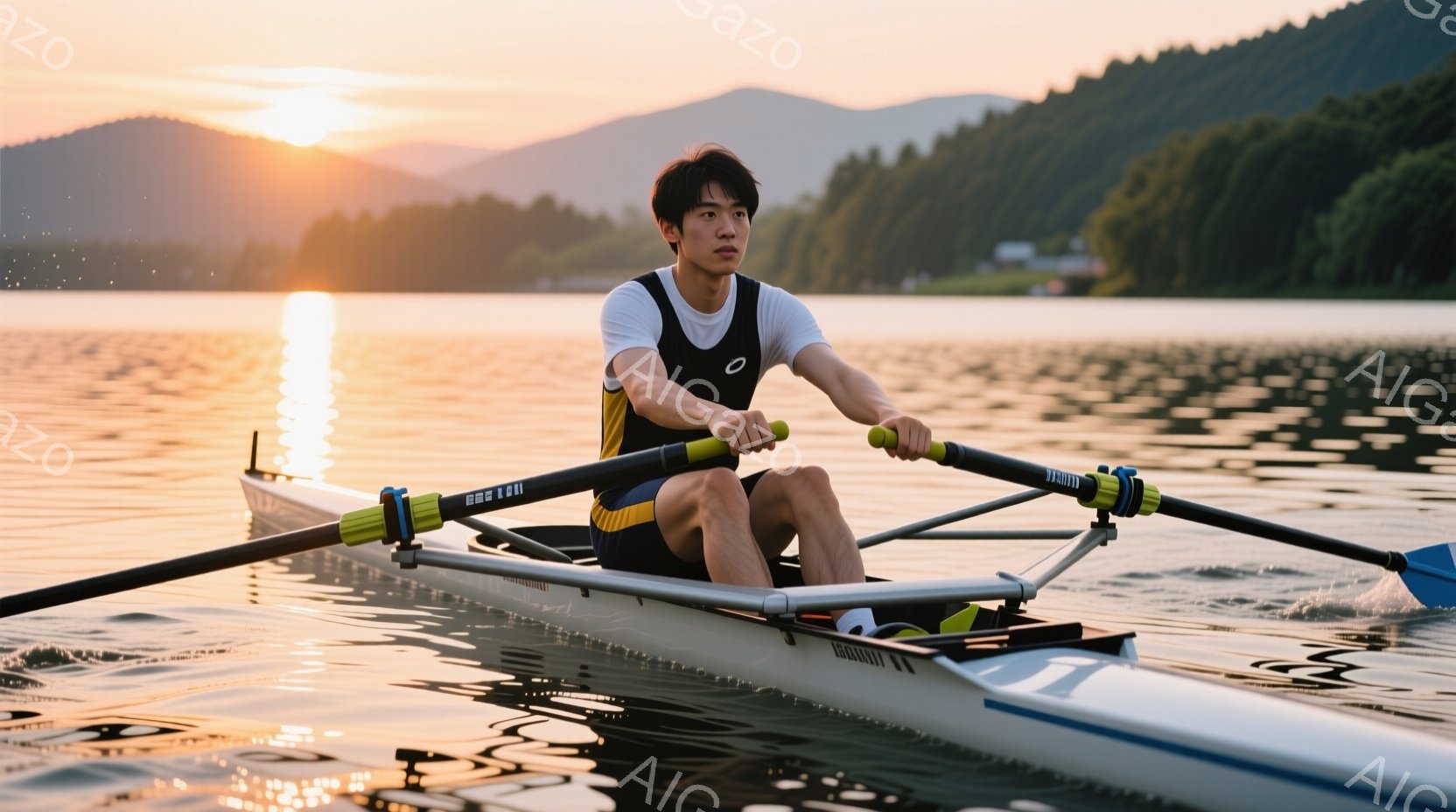 若い男性がボートに乗って漕いでいる様子が写っている。彼は黒いタンクトップと短いパンツを着用し、短髪で真剣な表情をしている。背景には穏やかな湖と緑豊かな山々が広がり、夕焼けの光が水面に反射して、静かで美しい雰囲気を醸し出している。
