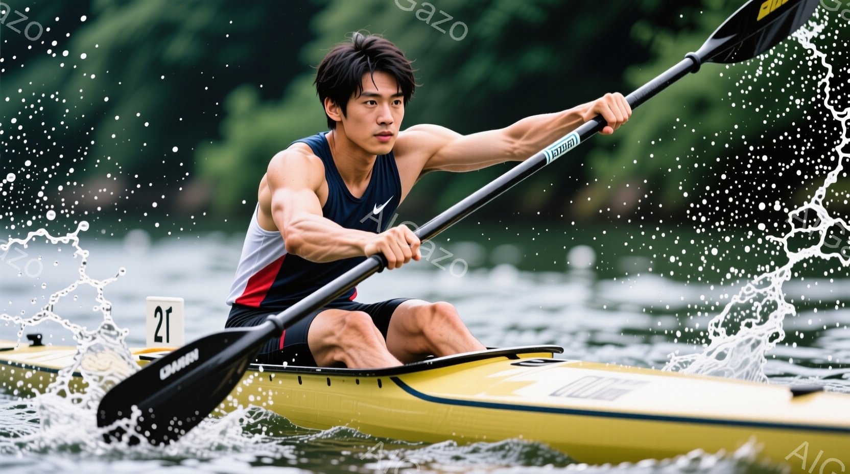 カヌー競技の選手が、黄色いカヌーで水上を進んでいる様子が捉えられています。彼は青と赤のストライプが入った競技用ウェアを着用し、短髪で引き締まった表情をしています。水面には水しぶきが飛び散り、競技の激し - AI生成フリー素材