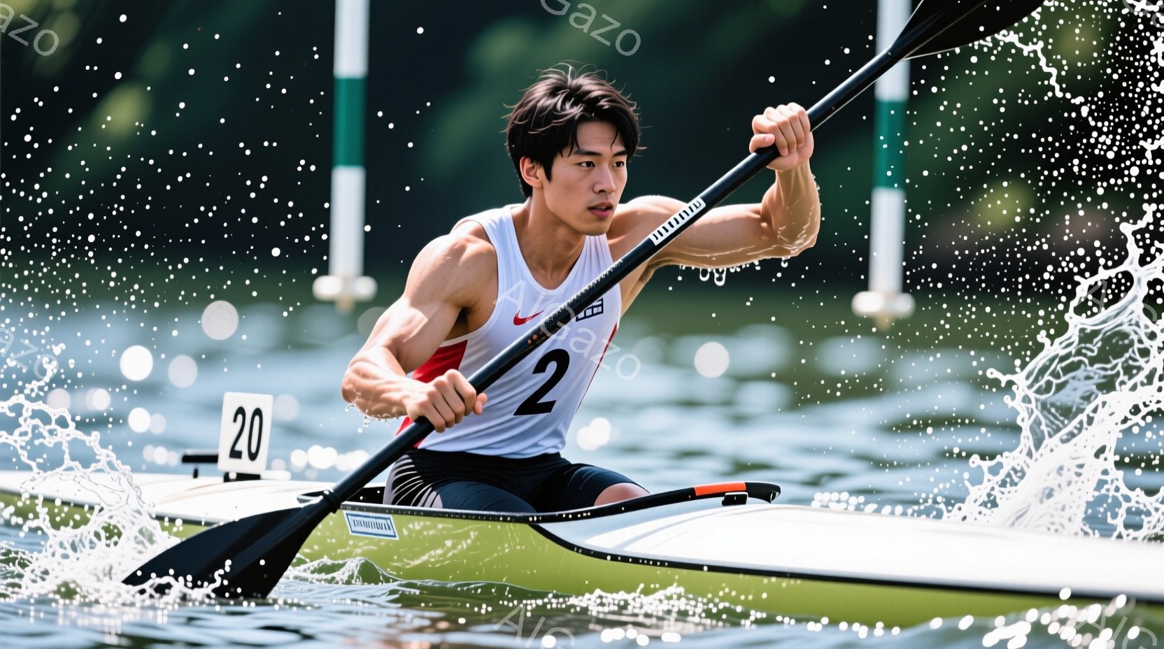 カヌーの選手が水面を力強く漕いでいる様子が捉えられています。彼は黒いヘアスタイルで、集中した表情を浮かべ、黒と白のユニフォームを着用しています。背景には緑豊かな木々が見え、水しぶきが飛び散ることで、躍動感と競技の激しさが伝わってきます。