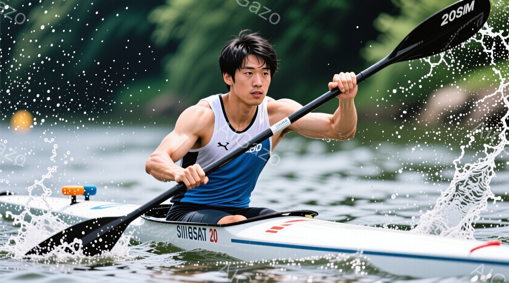 カヌー競技の選手が水上を力強く漕いでいる様子が捉えられています。青と黒のスタイリッシュなウェアを身につけ、短髪で引き締まった表情をしています。背景には緑豊かな木々が広がり、水面には水しぶきが飛び散り、 - AI生成フリー素材