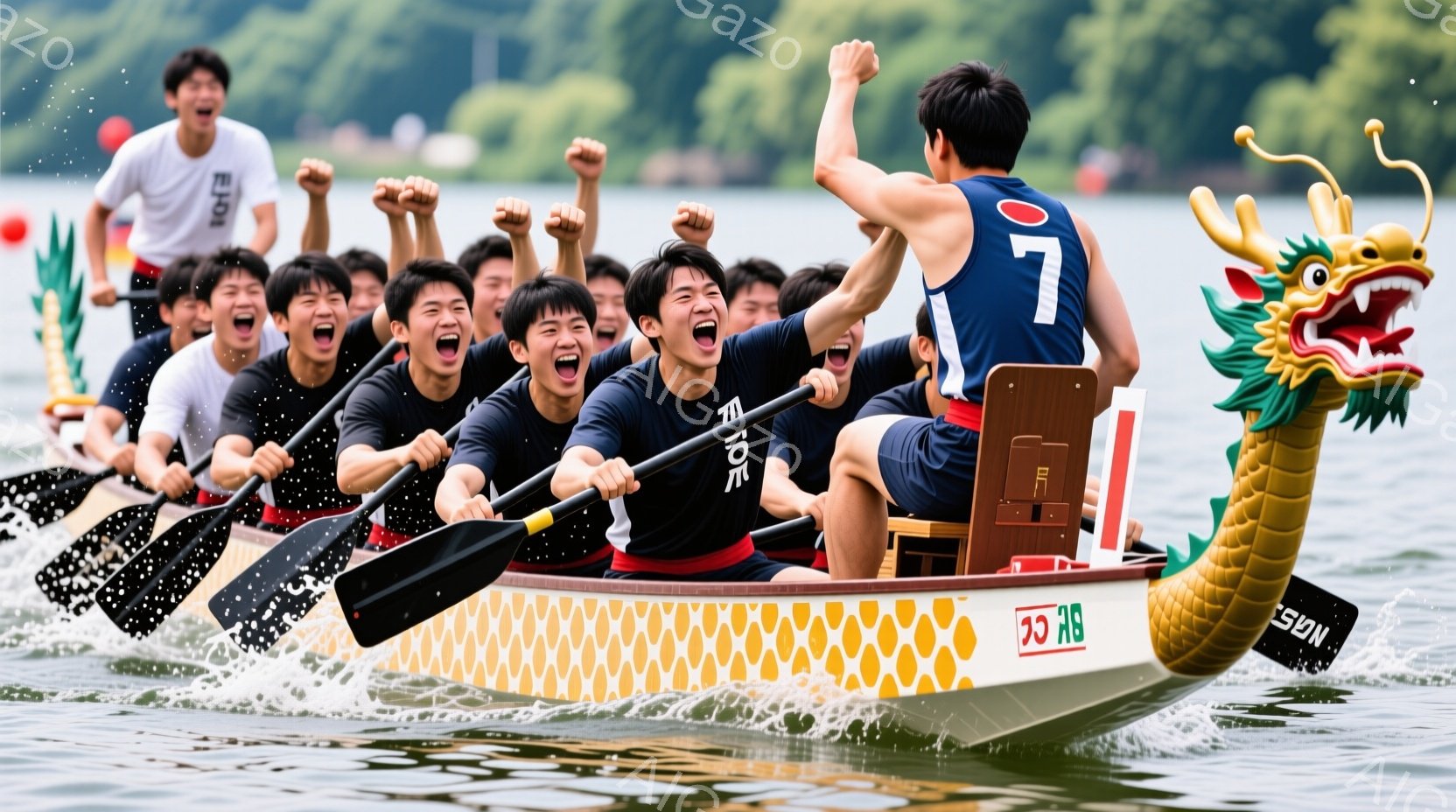 龍の頭飾りがついたボートに、黒と青のユニフォームを着た若い男性たちが乗っており、皆一斉に漕いでいる。彼らは興奮した表情で叫び、力強く腕を振り、競争の激しさと勝利への渇望が伝わってくる。背景には緑豊かな自然が広がり、水面には波紋が広がり、晴天の下、活気に満ちた競技の様子が描かれている。