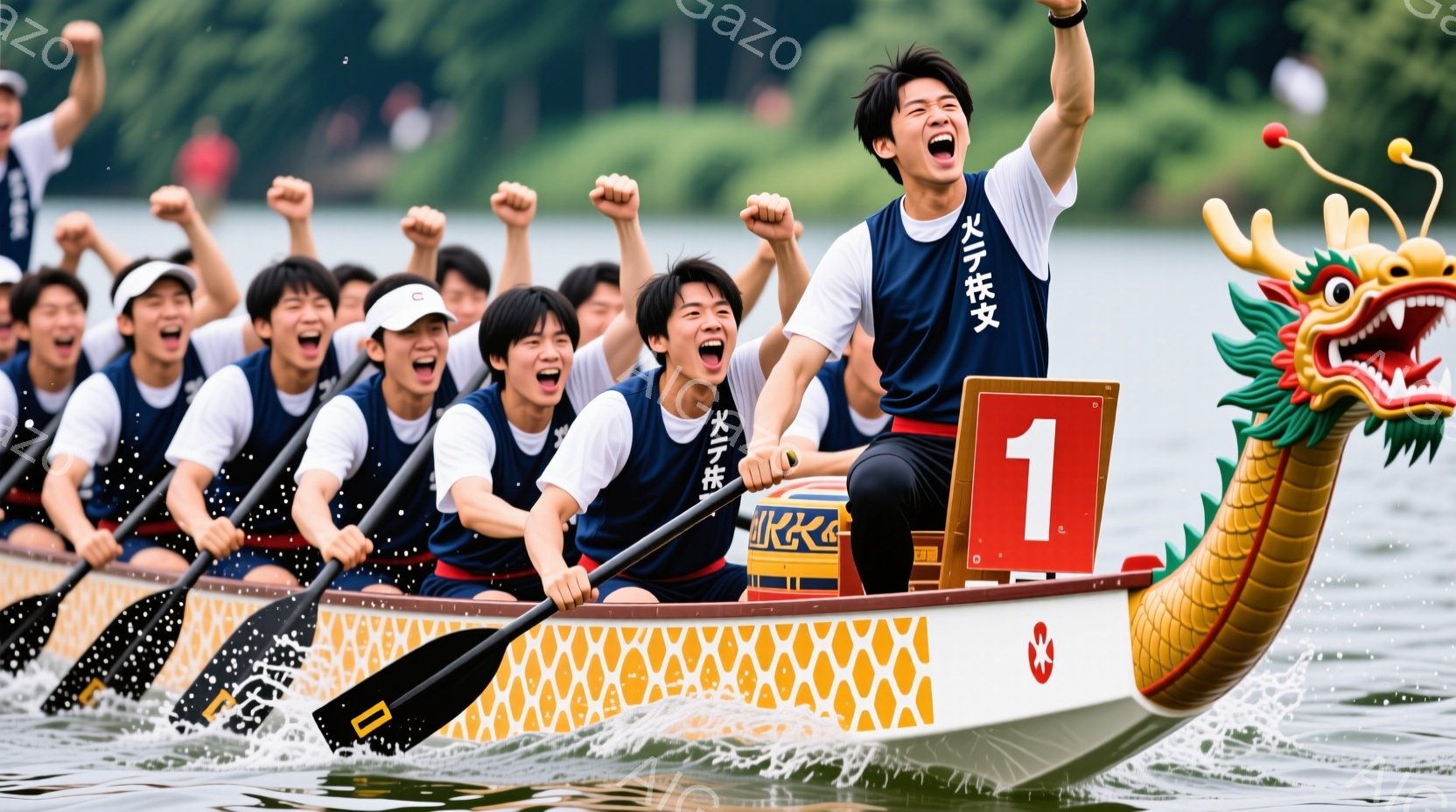 龍の頭飾りがついたボートに乗った若い男性たちが、力強く漕ぎ進んでいます。彼らは皆、紺色のシャツと黒のズボンを着用し、興奮と集中が入り混じった表情をしています。背景には穏やかな湖と緑豊かな風景が広がり、晴れた空の下、活気あふれる競技の様子が伝わってきます。