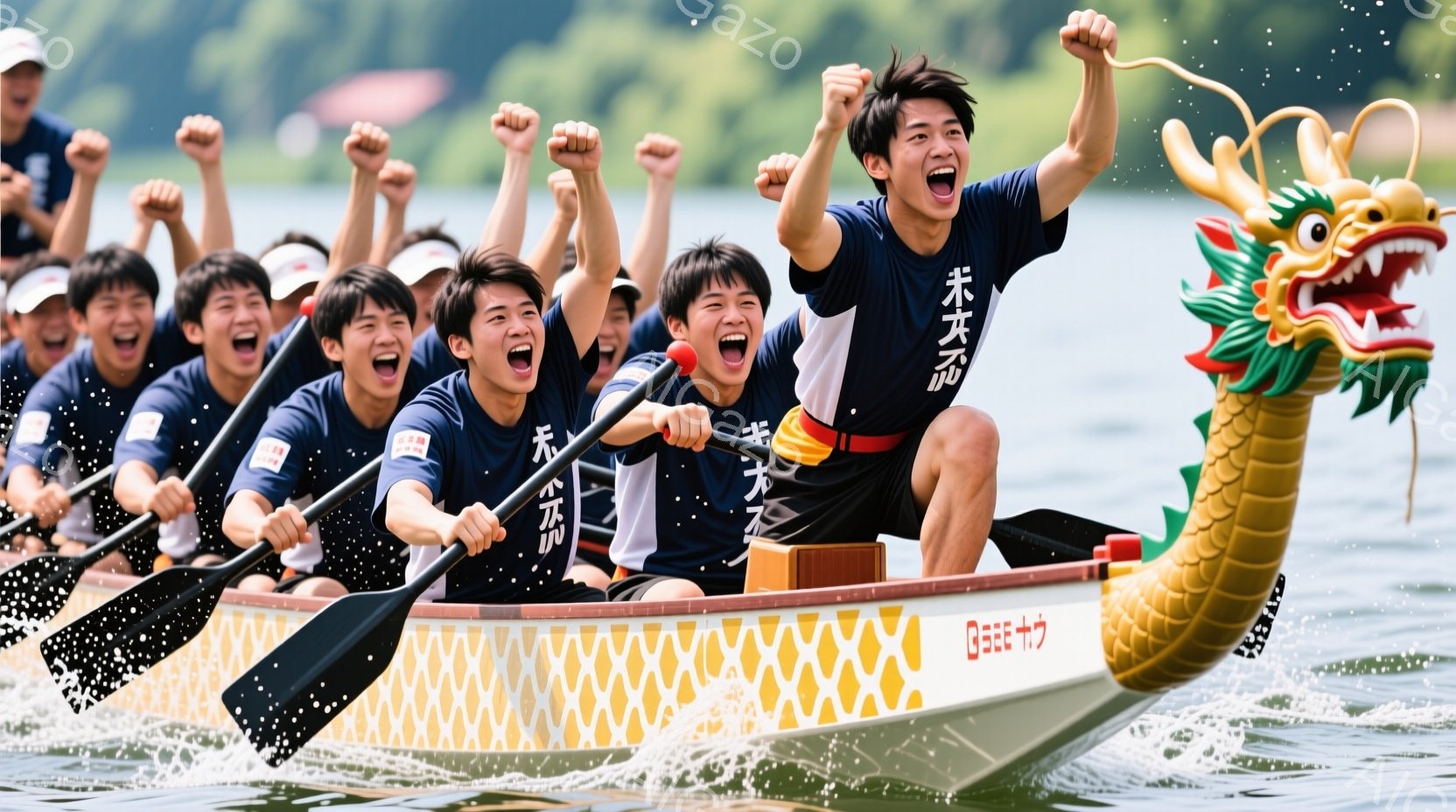 龍の頭飾りがついた細長いボートに、若者たちが乗り込み、全員でオールを漕いでいる様子が写っている。彼らは黒のシャツに「未来の力」と書かれた白い文字が入っており、頭には白い帽子をかぶっている。顔は興奮と力強さに満ち溢れ、全員が力強くオールを漕ぎ、勝利を目指しているような活気に満ちた雰囲気が伝わってくる。