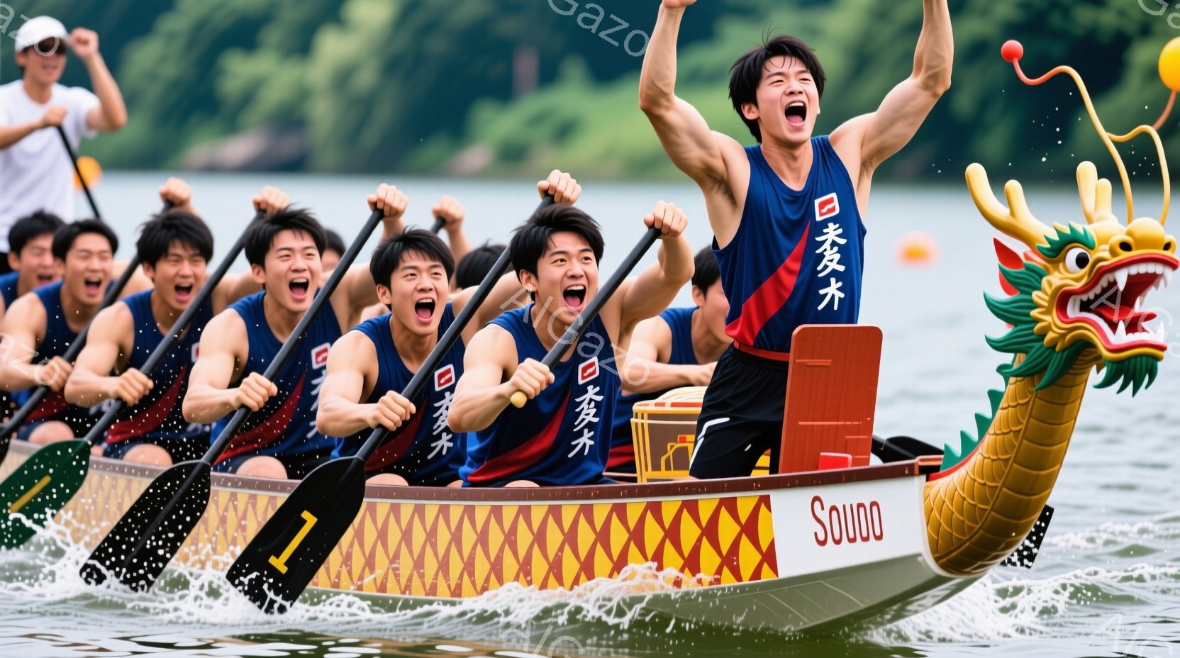 複数の若い男性が、龍の頭が付いた細長いボートに乗って漕いでいる様子が写っている。彼らは皆、黒い髪で、黒いユニフォームに「友愛」と書かれた赤い文字が入っており、力強く漕ぎながら、興奮した表情で叫んでいる。背景には緑豊かな木々や穏やかな水面が見え、晴天の下、活気あふれる夏のイベントの雰囲気が伝わってくる。