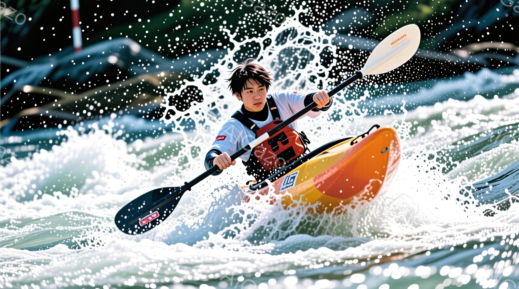 カヤック競技者が激しい流れの中を漕いでいる様子が写っている。競技者は黒いウェットスーツとライフジャケットを着用し、短く刈り込んだ髪で集中した表情をしている。背景には水しぶきが飛び交い、緑豊かな自然と、ぼんやりと見える橋が見え、躍動感あふれる競技の雰囲気が伝わる。