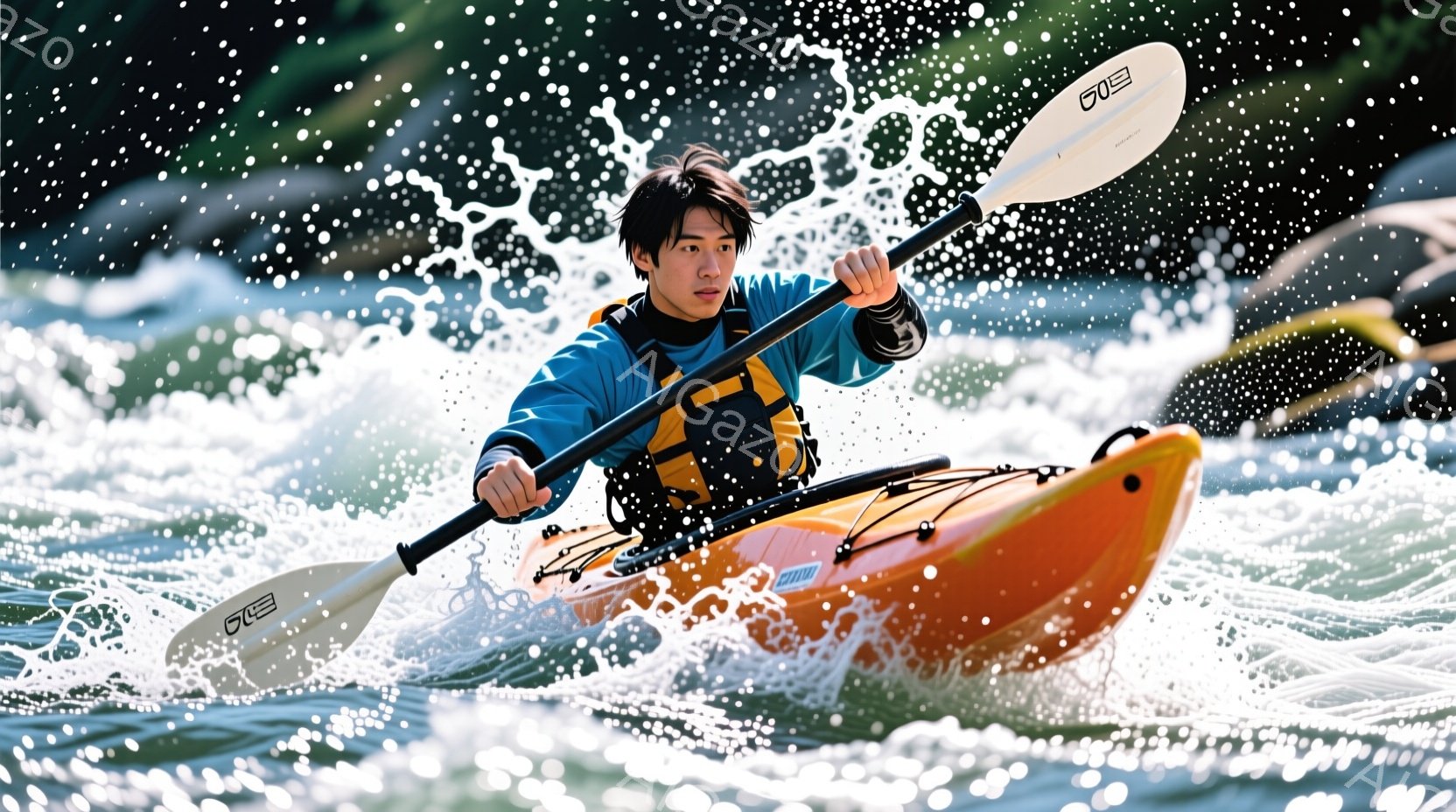 オレンジ色のカヤックに乗った男性が激しい流れの中を漕いでいる様子が捉えられている。彼は青い長袖シャツとオレンジ色のライフジャケットを着用し、短髪で、集中した表情をしている。背景には水しぶきが飛び交い、自然豊かな風景が広がり、躍動感あふれる雰囲気を醸し出している。
