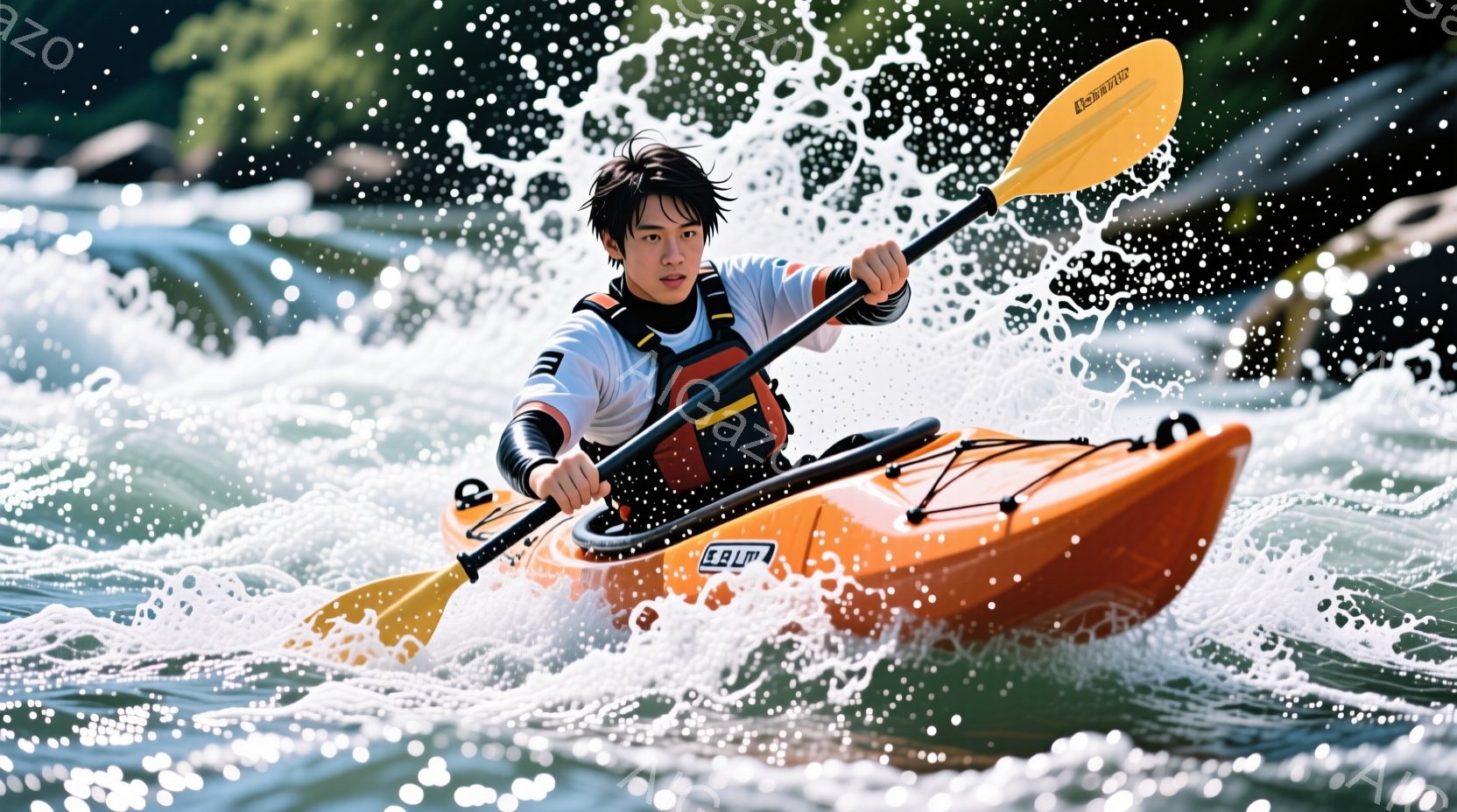 カヤックに乗った男性が激しい流れの中を漕いでいる様子が写っている。彼は黒髪で、集中した表情で漕ぎ手（こぎて）を操作し、オレンジ色のカヤックと白いライフジャケットを着用している。背景には水しぶきと、緑の木々が見え、全体的に躍動感と活気のある雰囲気が漂っている。