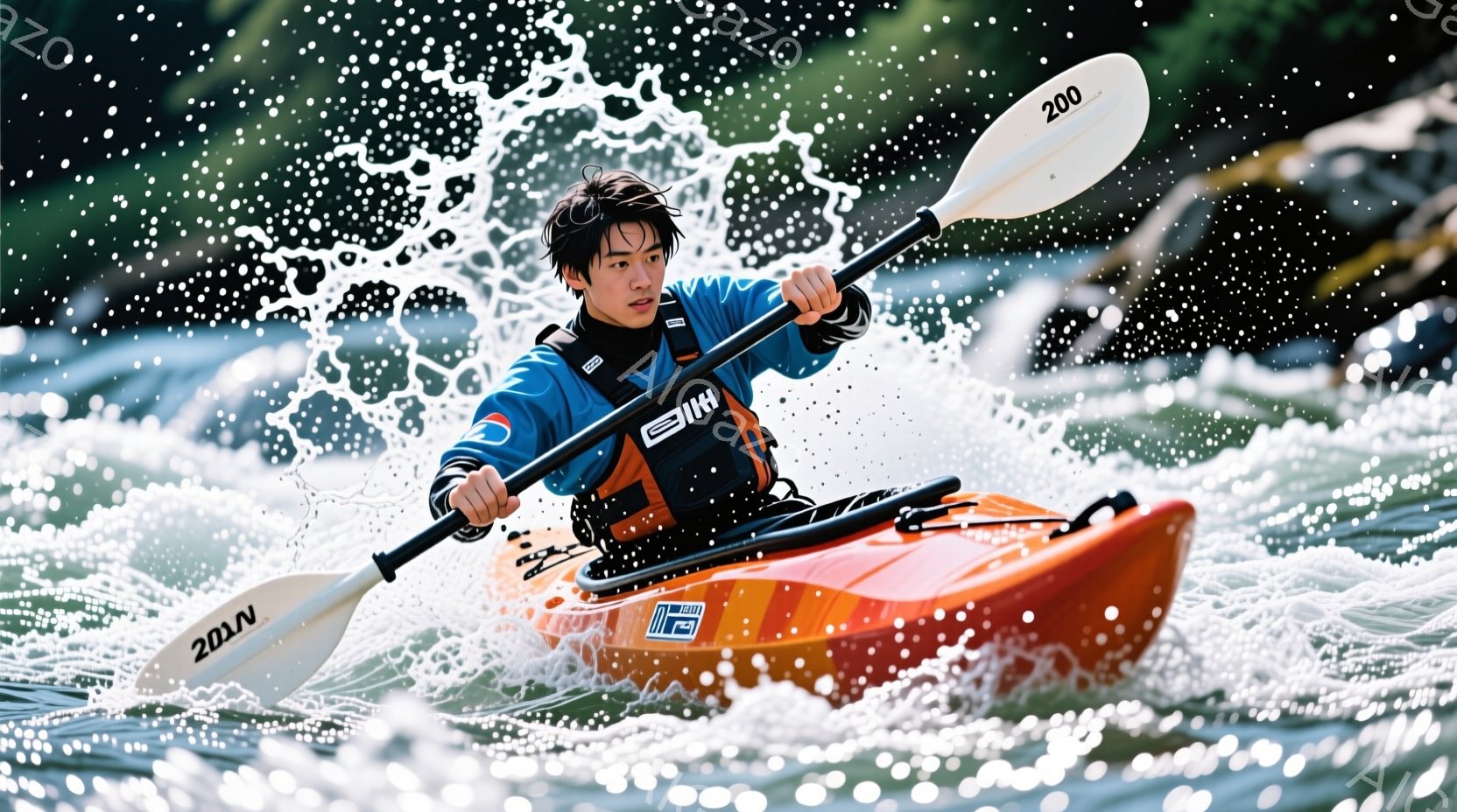 カヤックに乗った男性が激しい流れの中を漕いでいる様子が写っている。彼は黒髪で、集中した表情で前を見据え、青いウェットスーツと黒のライフジャケットを着用している。背景には緑豊かな自然と水しぶきが広がり、躍動感とスピード感溢れる瞬間を捉えている。