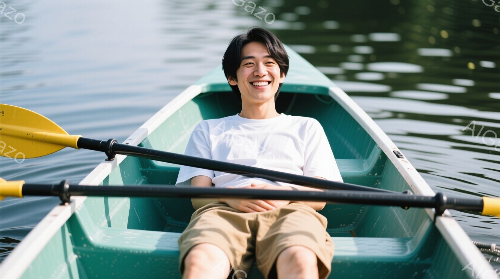 若い男性が緑色のボートに座り、穏やかに微笑んでいます。彼は白いTシャツとカーキ色のショートパンツを着用し、短髪で整髪されています。背景には水面と緑豊かな自然が広がり、晴れた日の穏やかな雰囲気が漂ってい - AI生成フリー素材