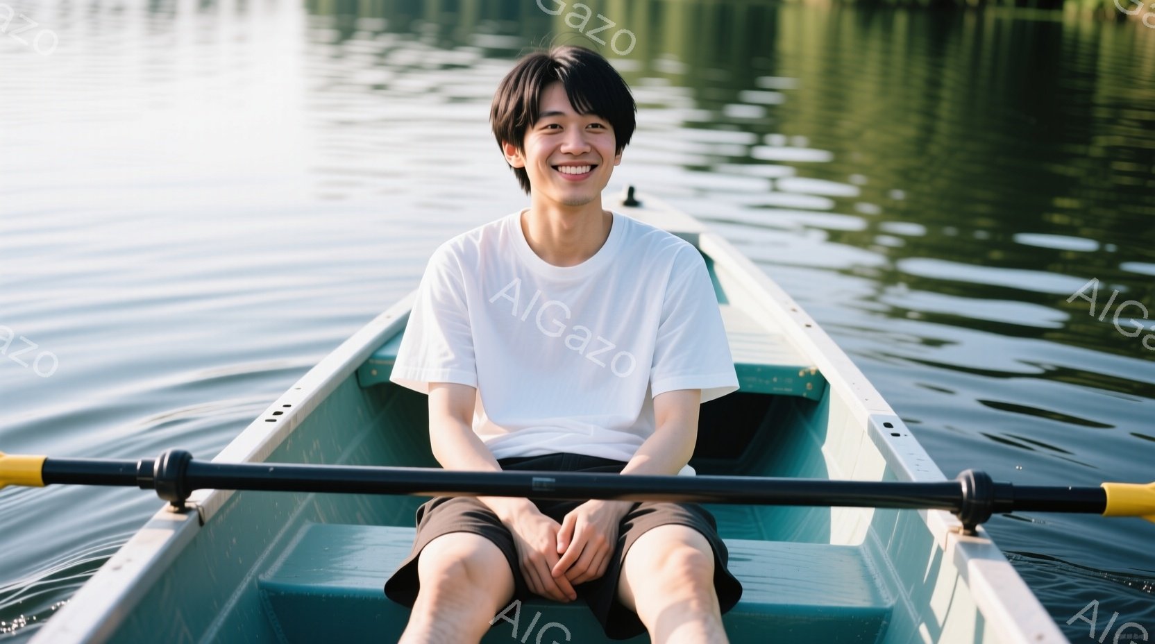 男性がボートに座り、手を水面につきながら、大きな笑顔を見せる。水の上に平たい波が浮かび、背景は静かで視界が限定的。彼は白色のTシャツと黒色のスポーツパンツを着ている。