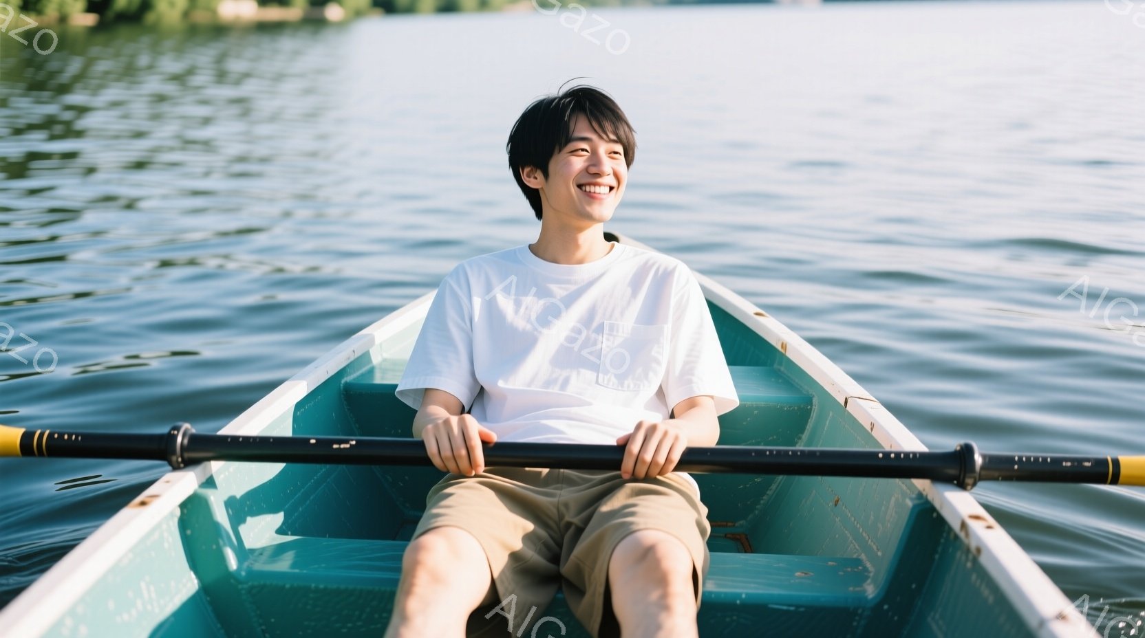 若い男性がボートに座り、穏やかな笑顔を浮かべている。彼は白いTシャツとベージュのショートパンツを身に着け、短髪で、リラックスした姿勢でオールを握っている。背景には穏やかな水面が広がり、晴れた空の下、穏やかな夏の日の雰囲気が漂っている。