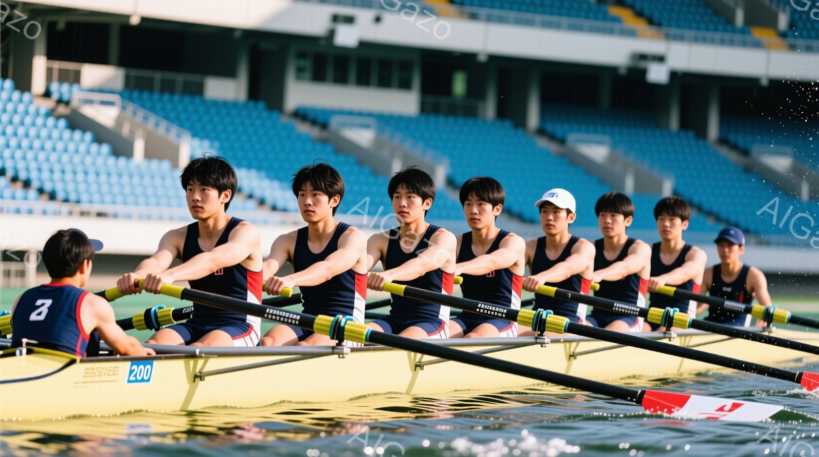 紺色のレーシングボートに乗った男子の漕ぎ手たちが、集中した表情で漕いでいる。彼らは全員、紺色のユニフォームと短髪で、強い日差しが水面に反射してキラキラと輝いている。背景には青い観客席が広がり、晴れた空の下、競技場全体が活気に満ちている。