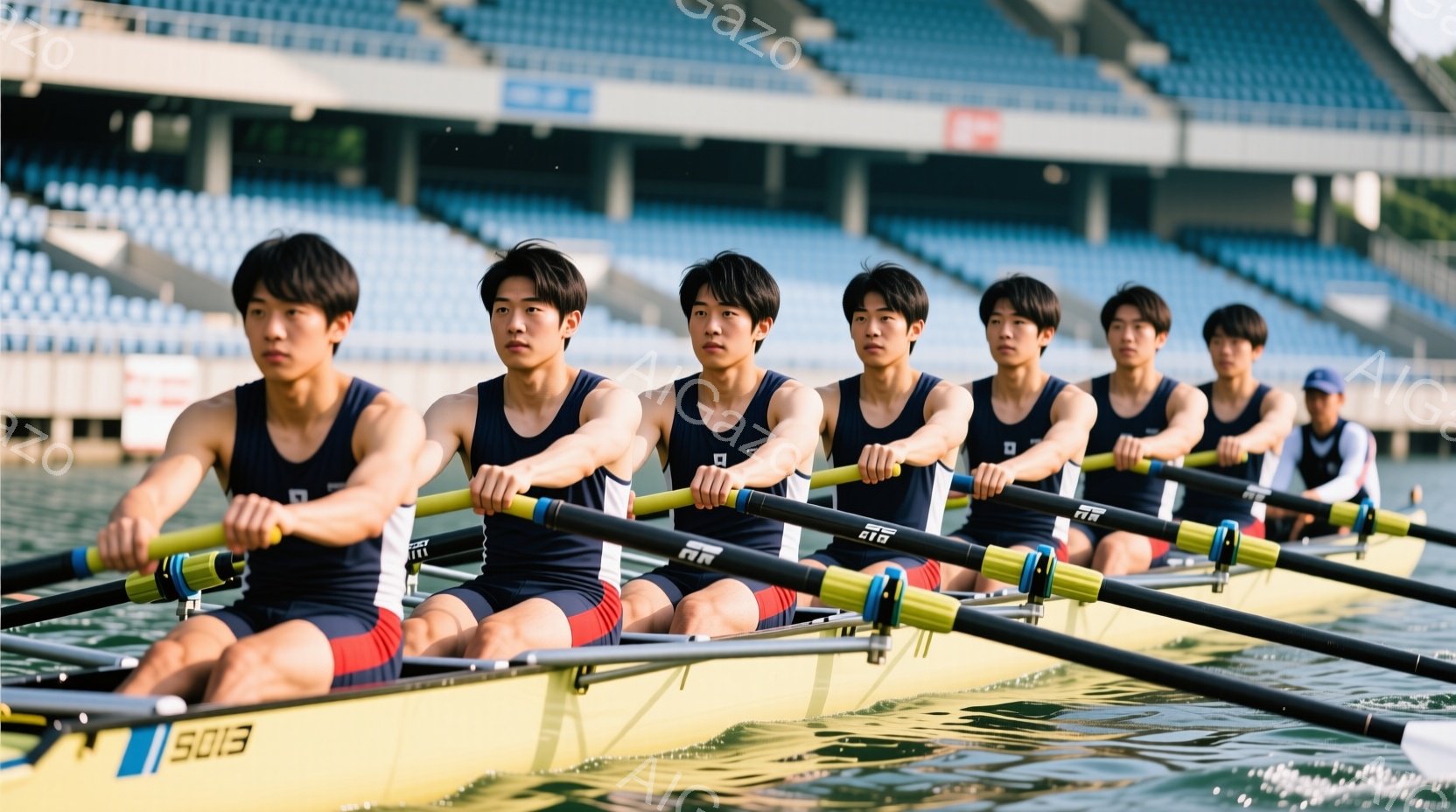 紺色のレーシングボートに乗った若い男性たちが、力強くオールを漕いでいる様子が写っている。彼らは皆、紺色のユニフォームに赤いショーツを着用し、短髪またはミディアムヘアで、集中した表情で前を見据えている。背景には観客席と緑豊かな自然が見え、晴天の下、競技に臨む活気ある雰囲気が伝わってくる。