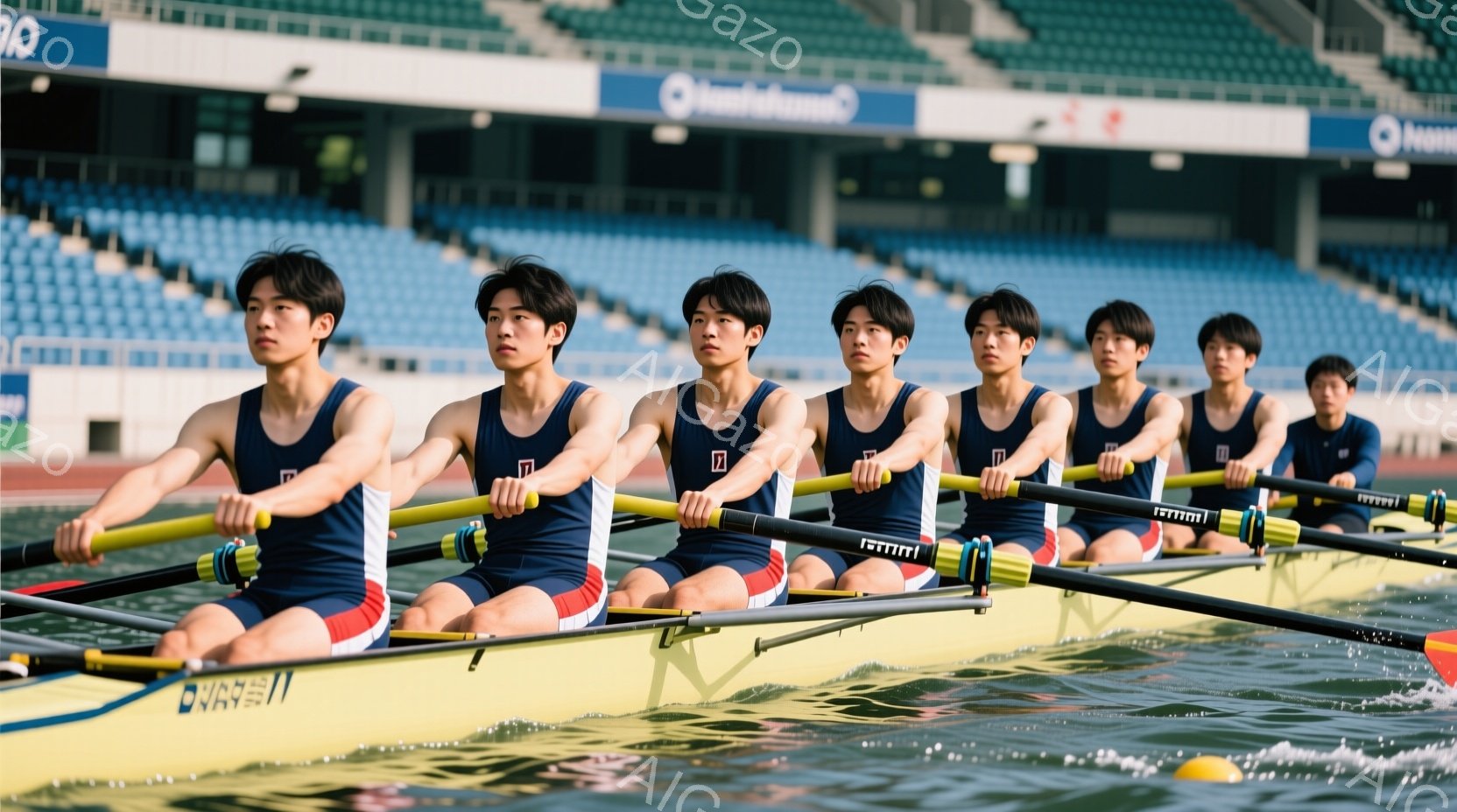 オレンジと赤色の夕焼けが水面に反射し、カヤックに乗った男性のシルエットを際立たせています。彼は黒髪で、ベストを着用し、カヤックのオールを操って前方を向いています。穏やかな波と、遠くに見える陸地が、静かで平和な雰囲気を醸し出しています。