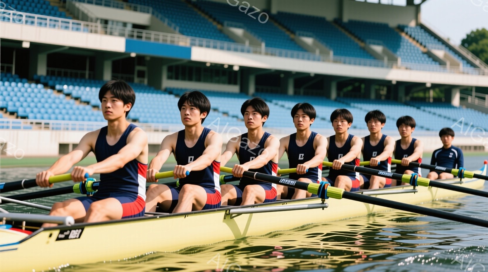 紺色のタンクトップと赤いショーツを着用した男子のボートチームが、集中した表情で漕いでいる。彼らは全員、短く刈り込んだ黒髪で、力強い姿勢でオールを操り、水面を切り進んでいる。背景には観客席と緑豊かな風景が広がり、晴天の下、競技に臨む若者たちの熱気が伝わってくる。