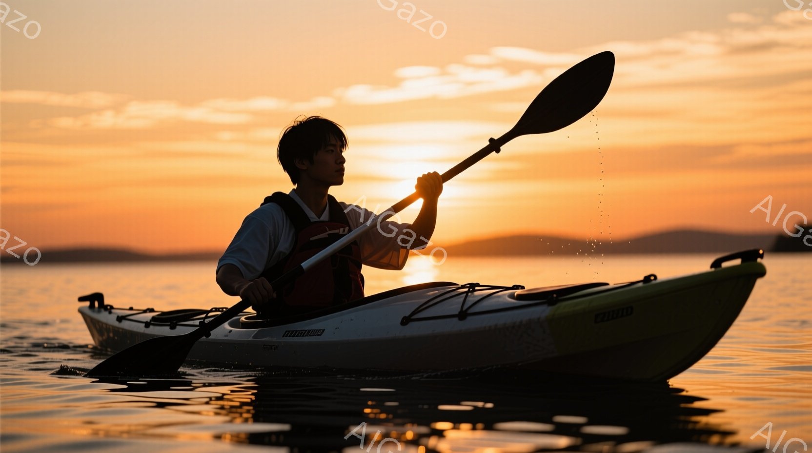 カヤックに乗った男性が夕焼けの中を漕いでいる。彼は黒いヘアスタイルで、赤いライフジャケットと黒いシャツを着ている。背景には遠くの山々と、オレンジ色に染まった穏やかな水面が広がっており、静かで平和な雰囲気を醸し出している。